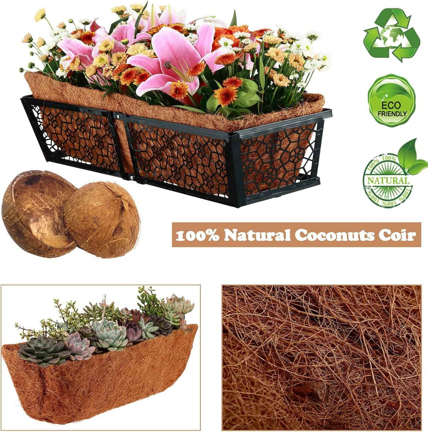 4 Pack Rectangle Coco Liner 24 Inch Hanging Basket Liners 100% Natural Coconut Husk Liners for Planters Window Box Planter Inserts for Large Pots Trough Planters Outdoor Garden Decoration