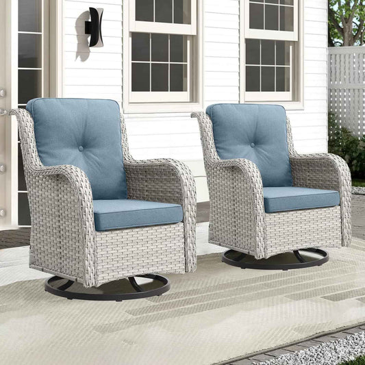 Outdoor Swivel Rocker Patio Chairs-Wicker Patio Swivel Chairs Set of 2 PE Rattan Patio Furniture for Porch Deck Balcony Garden-Light Grey/Light Blue