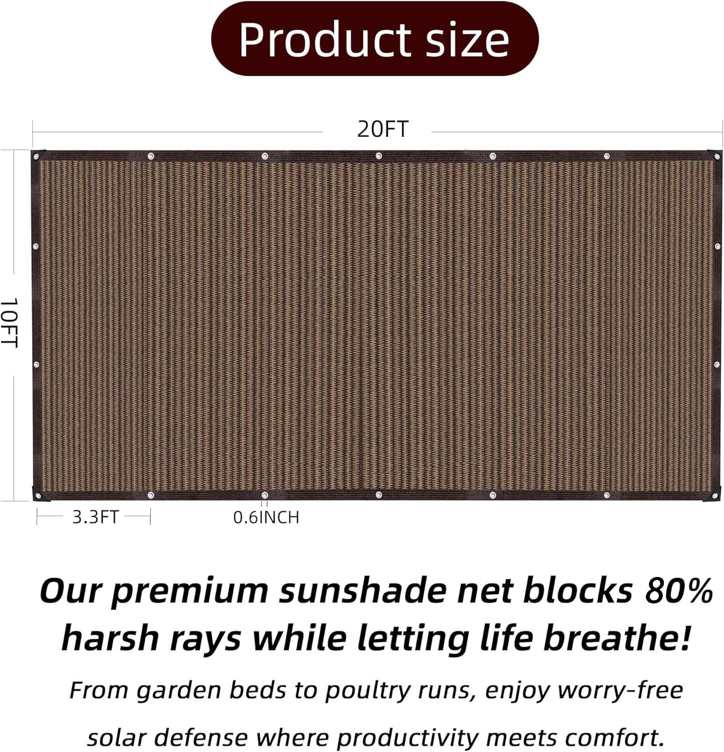 Shade Cloth with Grommets and Ropes, 80% UV-Blocking Sun Shades Outdoor Patio, 10 X 20 FT Pergola Shade Cover, Mesh Sun Shades for Greenhouse, Garden, Backyard