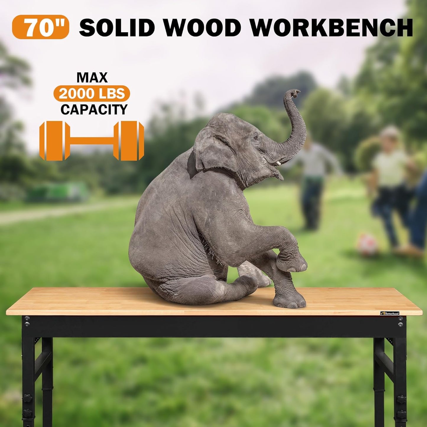 70" Adjustable Height Workbench, 2000 LBS Heavy Duty Work Table with Power Outlets & Pegboard, Rubber Wood Workstation for Garage, Workshop, Office, Home, Commercial