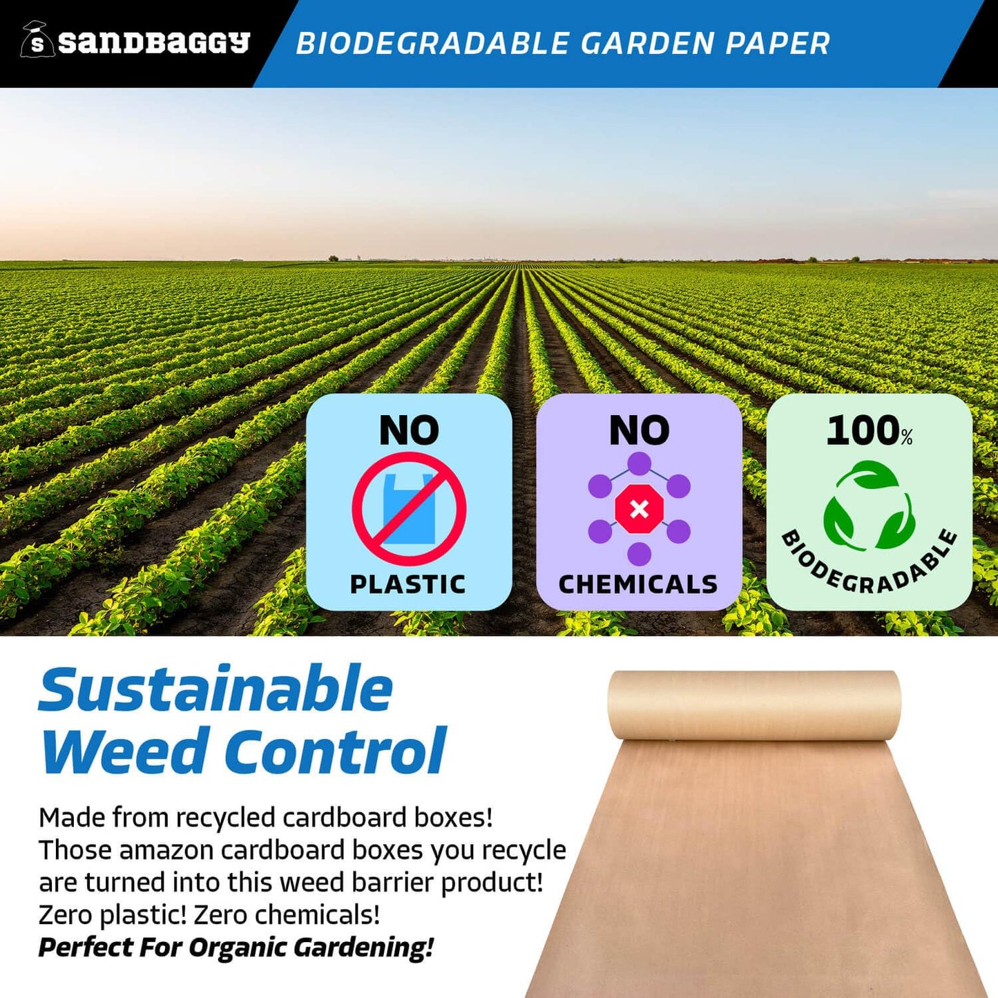 Sandbaggy Biodegradable Landscape Fabric - Garden Paper for Weeds - Paper Mulch Rolls - Made in America (3 ft x 475 ft, 10)