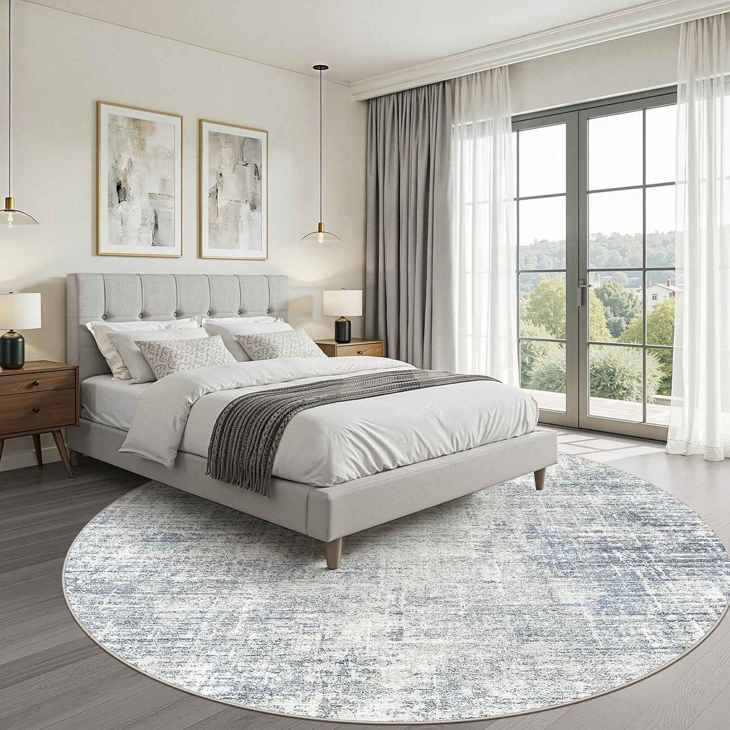 7ft Round Rug Living Room: 7x7 Washable Large Neutral Blue Circle Area Rug Abstract Soft Modern Stain Resistant Indoor Floor Non-Slip Carpet for Bedroom Nursery Kids Office Playroom Dining Room