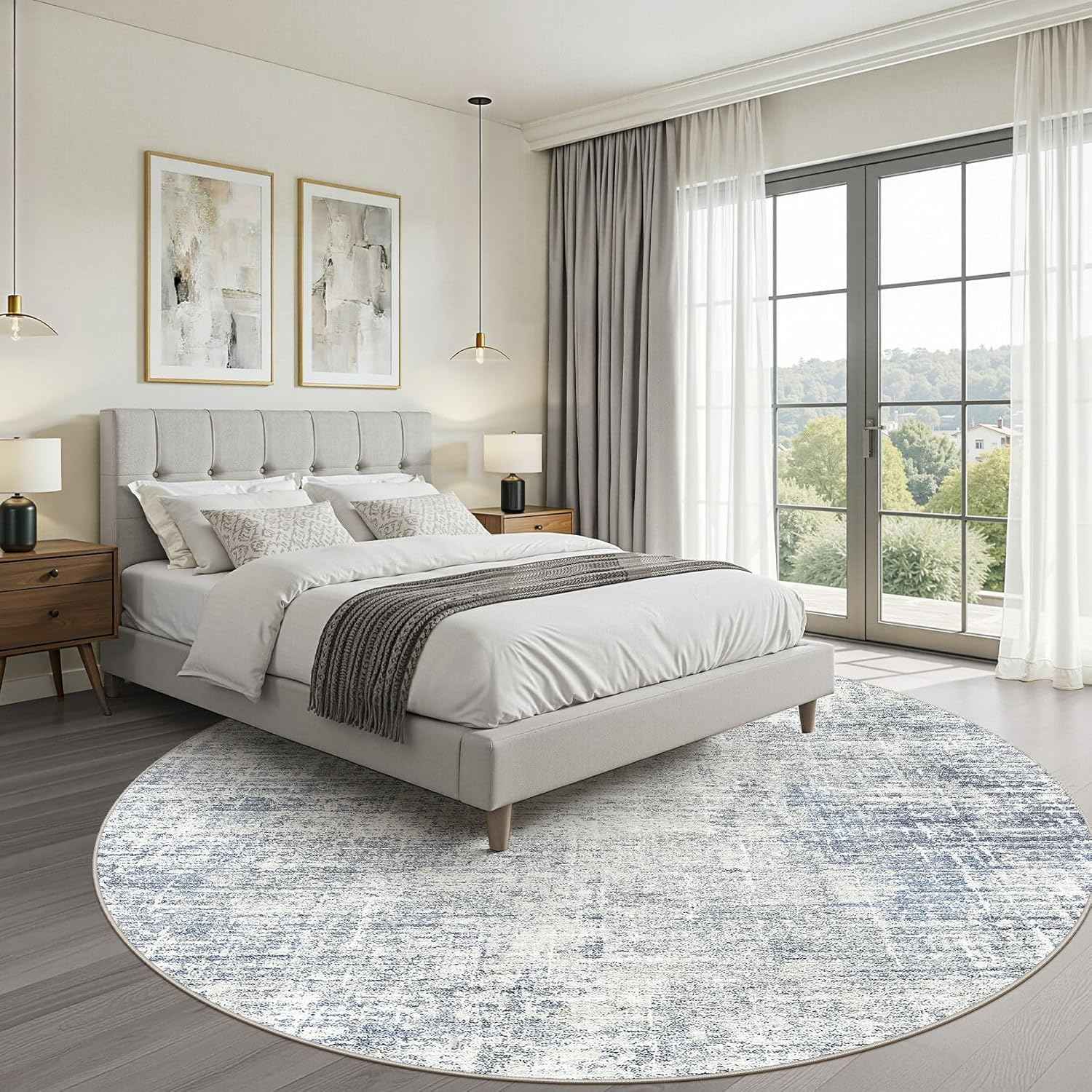 7ft Round Rug Living Room: 7x7 Washable Large Neutral Blue Circle Area Rug Abstract Soft Modern Stain Resistant Indoor Floor Non-Slip Carpet for Bedroom Nursery Kids Office Playroom Dining Room