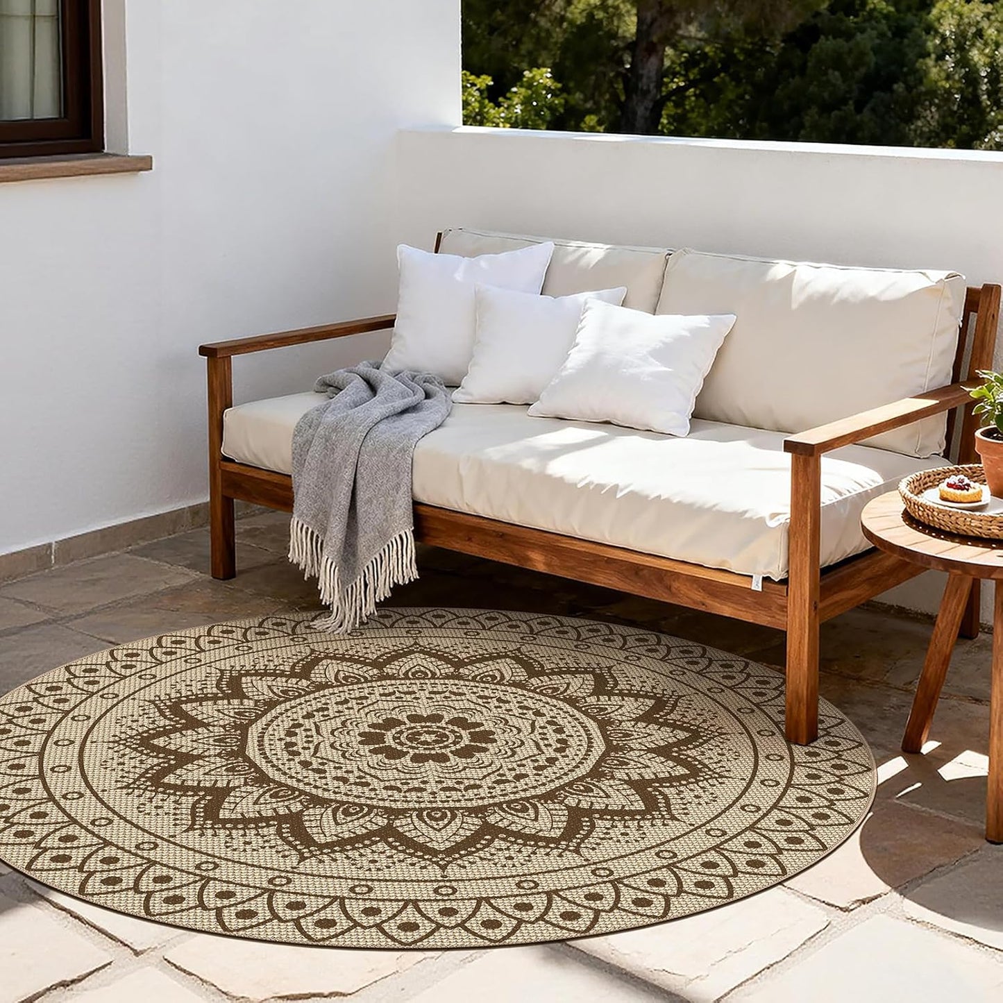 Easy Jute Outdoor Round Rug, 6ft Washable Indoor Outdoor Patio Rug, Brown Non Slip Round Area Rug Farmhouse, Boho Carpet for Backyard Patio