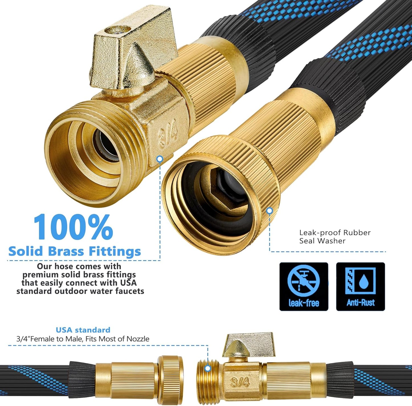 50 ft Garden Hose-No Kink,Heavy Duty,Lightweigh Flexible,Leakproof Water Hose with Sprayer Nozzle-3/4" Solid Brass Connectors-Rubber Car Hoses