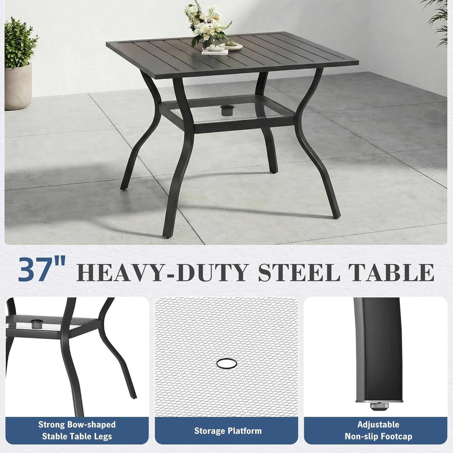 HOMREST 5 Piece Outdoor Patio Dining Set for 4, 37" Square Metal Table with Umbrella Hole and Storage Shelf, Stackable Wrought Iron Chairs, Patio Furniture Set for Deck/Backyard/Poolside/Garden