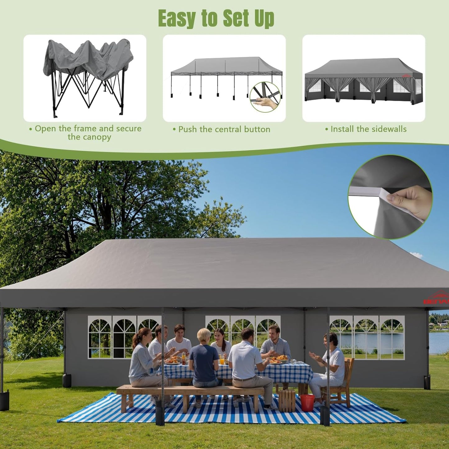10x30 Heavy Duty Pop Up Canopy with 8 Sidewalls, 550D Commercial Easy Up Canopy Tent, Waterproof Outdoor Party Event Tent with Roller Bag, Grey
