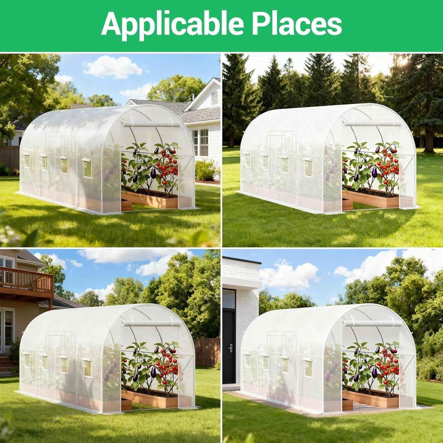 Outdoor Walk-in Tunnel Greenhouse, 15x7x7 ft Large Hoop Garden Plant Hot House with Roll-Up Zipper Door, 8 Screen Mesh Windows, Galvanized Steel Frame & White PE Cover for Backyard Plants Shed