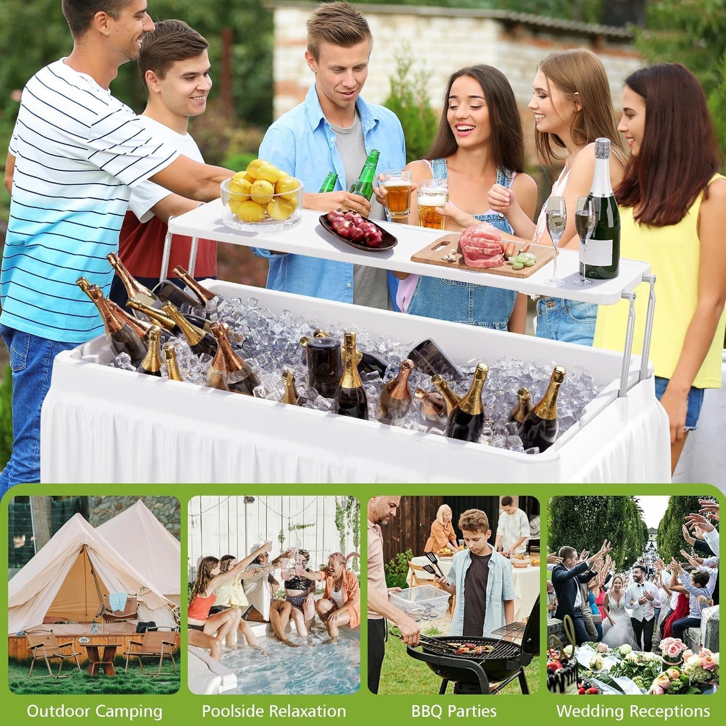Outdoor Ice Cooler Folding Table with Extra Storage Shelf,Ice Tables for Parties with Drain,Cooler Server for Camping, Picnic, Wedding, BBQ, White