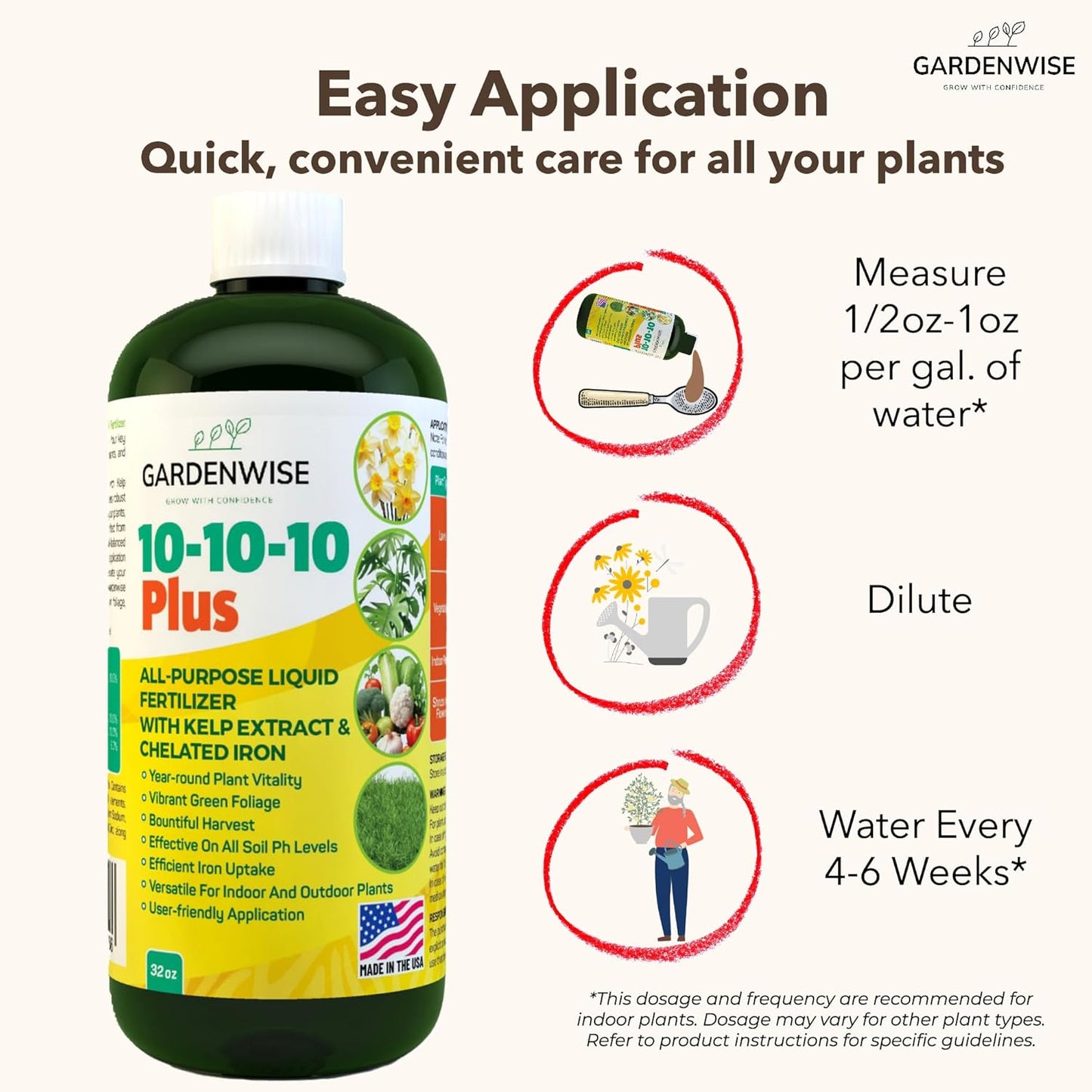 10-10-10 All Purpose Plant Food - Liquid Fertilizer with Seaweed Kelp & Iron - Indoor & Outdoor Plant Food, Vegetables, Flowers, Lawn & Garden 1x32oz