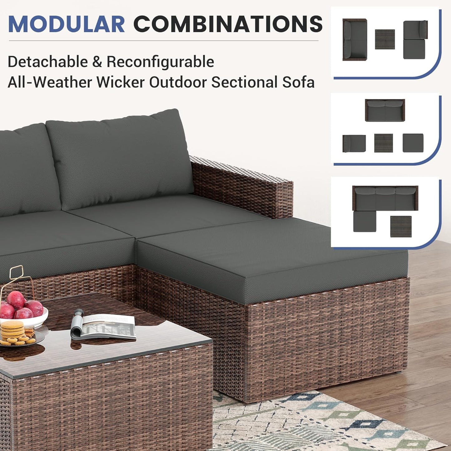 UDPATIO 5 Piece Patio Furniture Set, All-Weather Wicker Outdoor Sectional Sofa,Rattan L Shaped Outdoor Conversation Patio Sectional with Ottoman, Glass Table for Balcony Porch Backyard,Grey