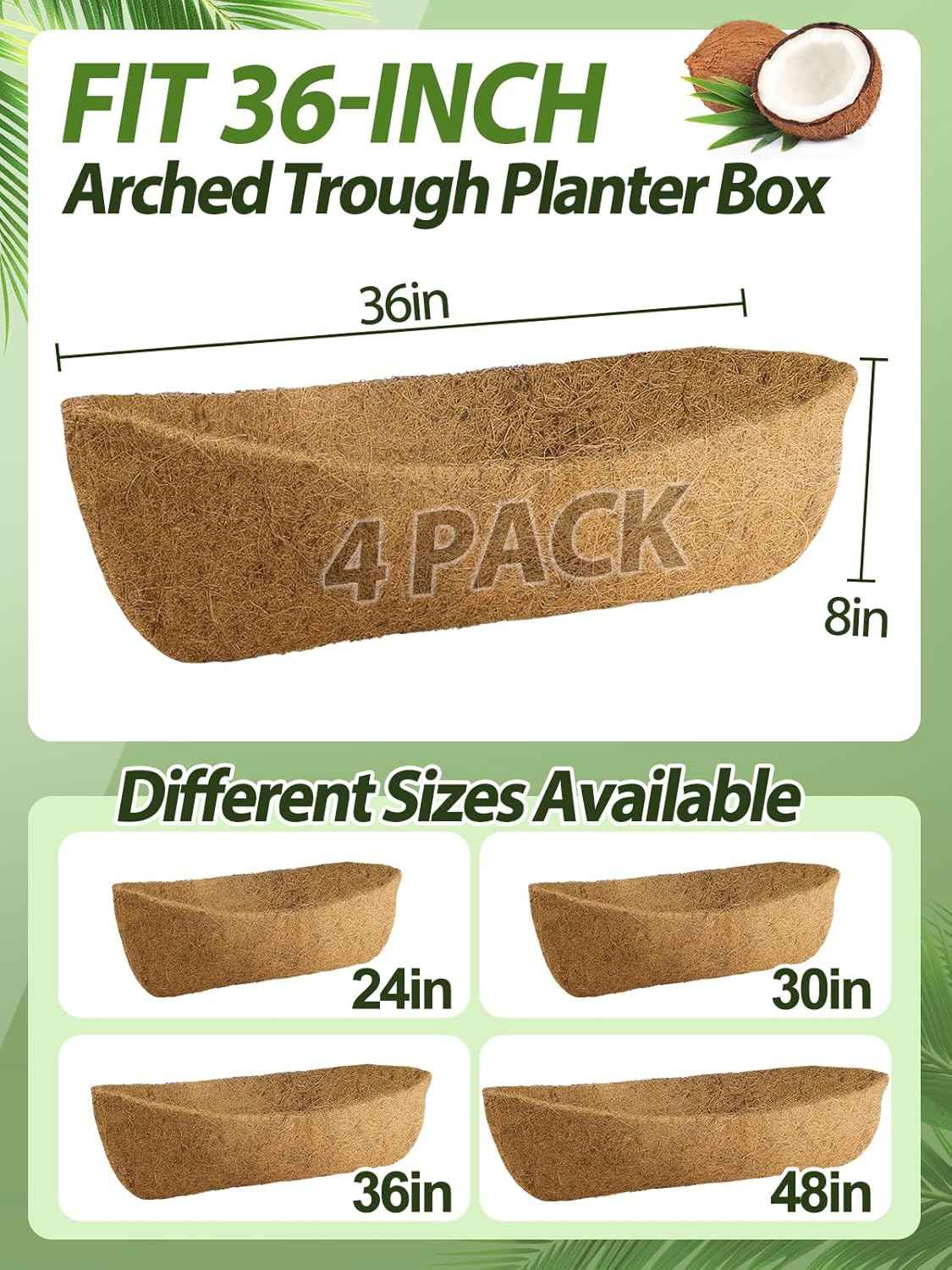 36in Arched Coco Liners for Window Planter Box - 4 Pack 100% Natural Coconut Coir Fiber Liner Replacement for Deck Flower Box, Garden Railing Fence Trough, Wall Planter Basket