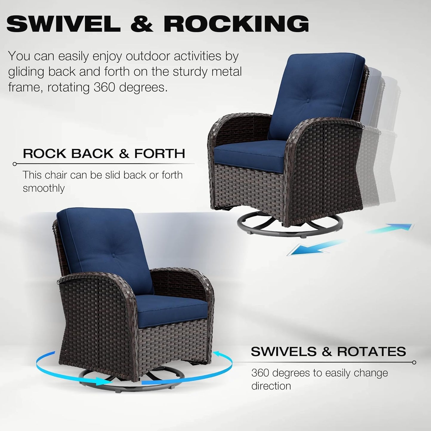Joyside 10 Piece Patio Furniture Set, Outdoor Wicker Conversation Sets with Swivel Rocker Chairs and Sofa, Thick Cushion, Rattan Patio Sectional for Porch, Deck Use (Brown/Blue, 10 PCS)