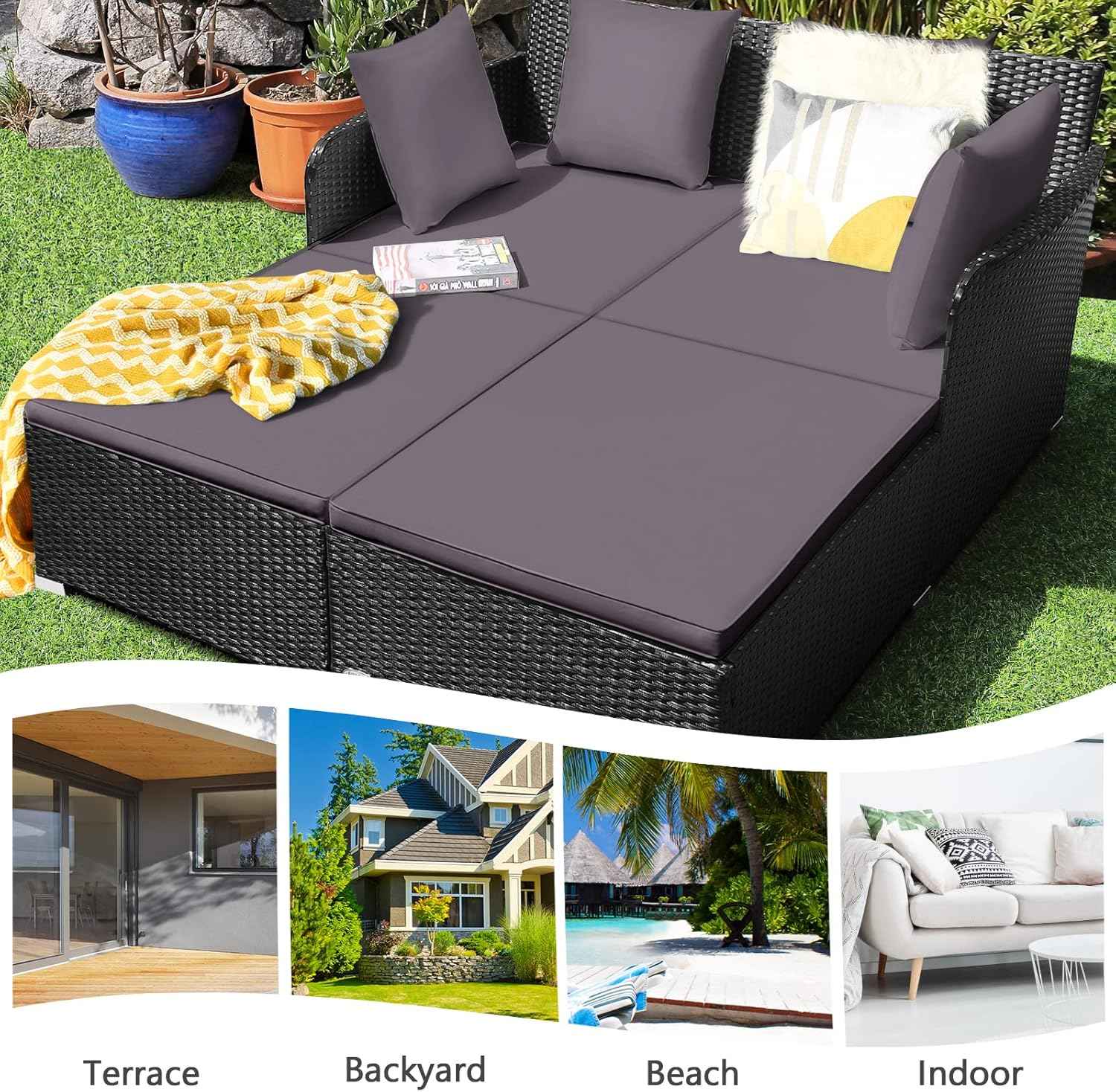Outdoor Rattan Daybed, Patio Loveseat Sofa Set w/Comfortable Cushions, Extra Pillows & Metal Foot, Sunbed Wicker Furniture for Yard/Poolside/Living Room/Garden/Porch, Grey