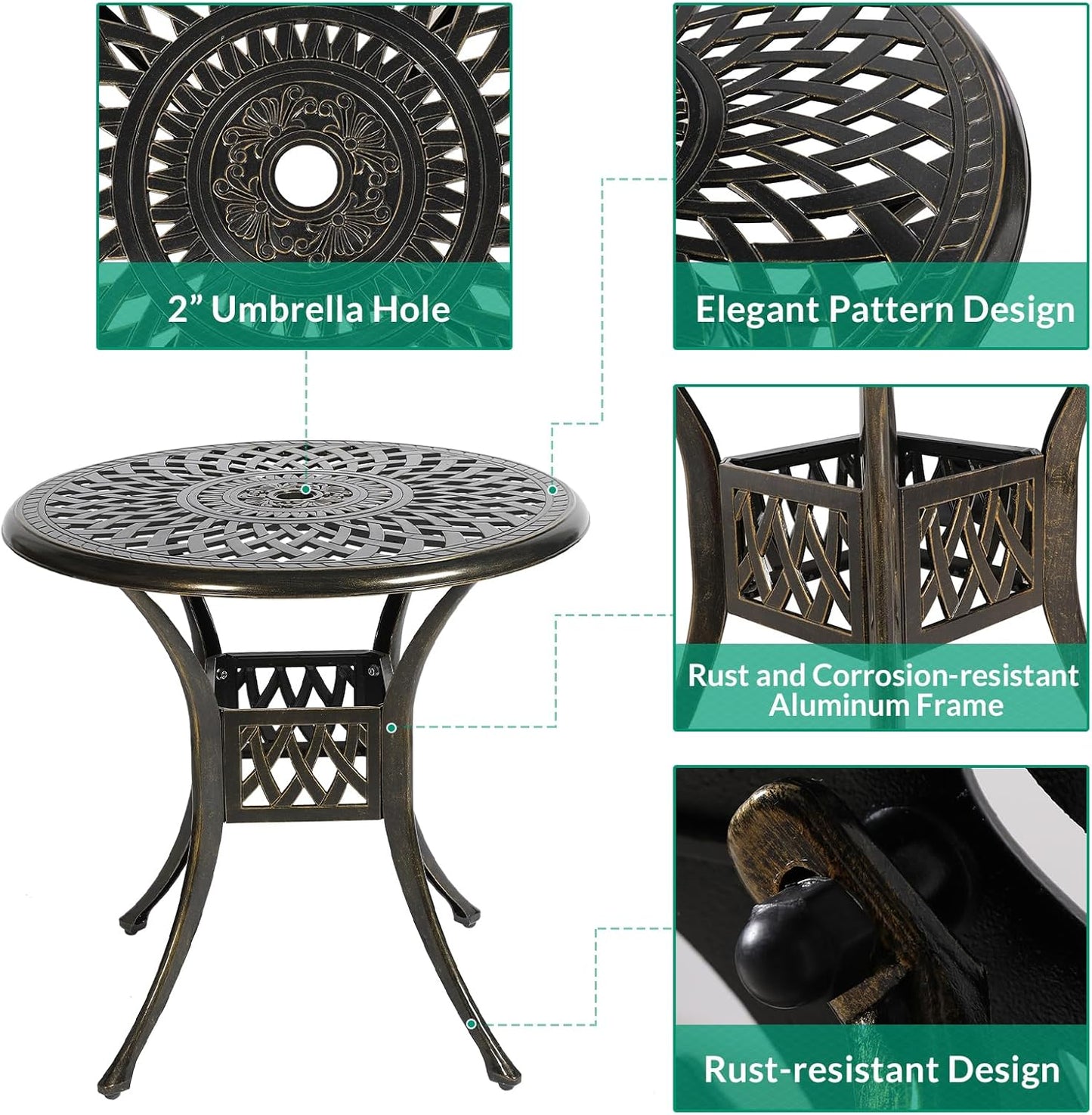 VIVIJASON 3-Piece Patio Bistro Set, Outdoor All-Weather Cast Aluminum Furniture Dining Set, Include 2 Swivel Chairs and 31" Round Table w/Umbrella Hole for Balcony, Lawn, Garden (Navy Blue Cushion)