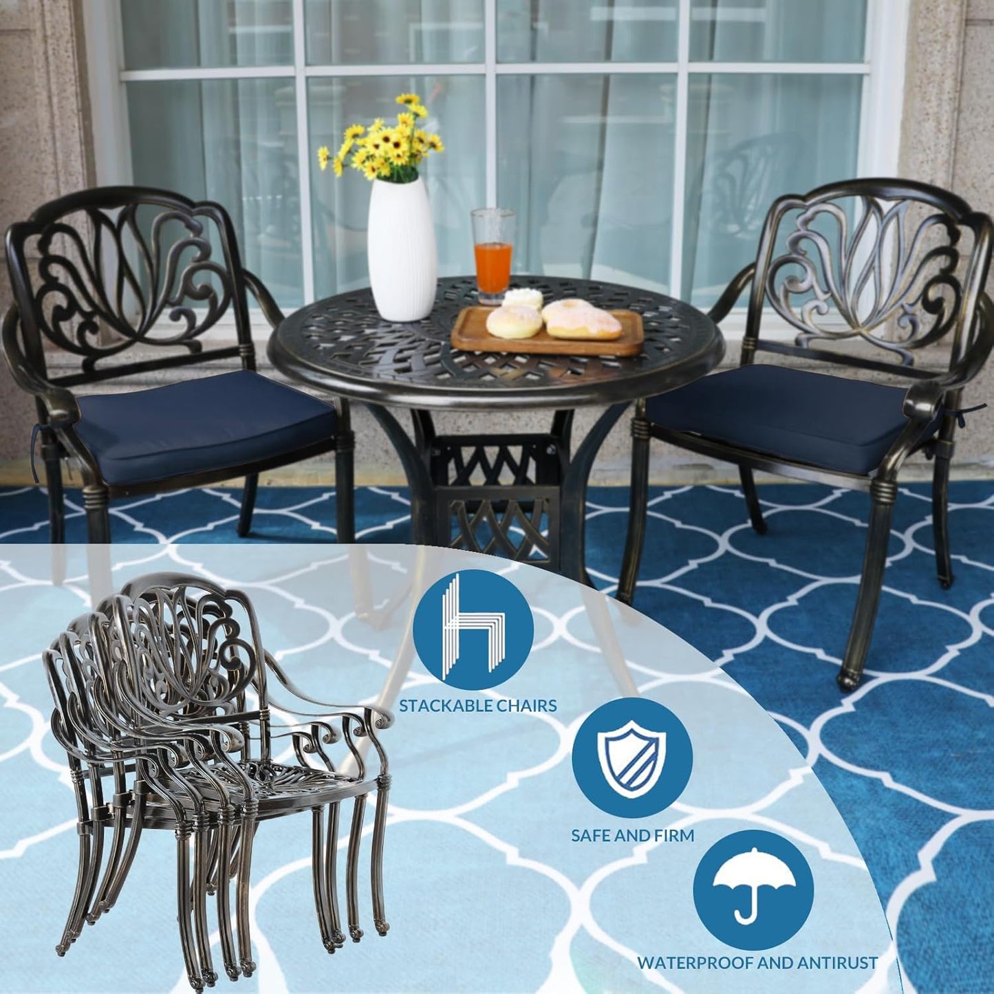 MEETWARM 3 Piece Patio Bistro Set, Outdoor All-Weather Cast Aluminum Dining Furniture Set Includes 2 Cushioned Chairs and a 31” Round Table with Umbrella Hole for Garden Deck, Navy Blue