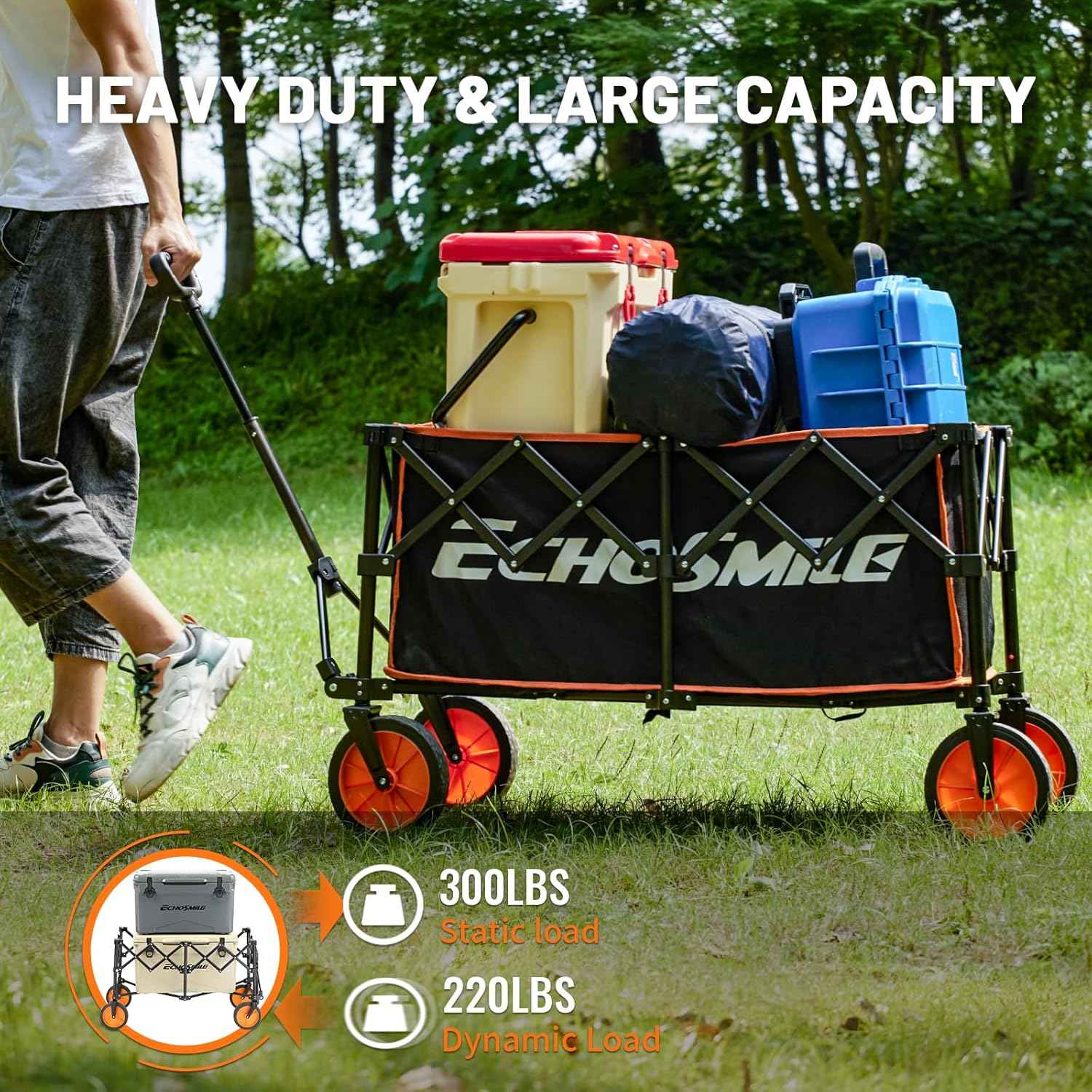 Collapsible Foldable Wagon with 300lbs Weight Cart Heavy Duty Folding Beach Wagon Cart with Wheels and Adjustable Handle for Camping Garden Sports Outdoor Activities Shopping,Black and Orange