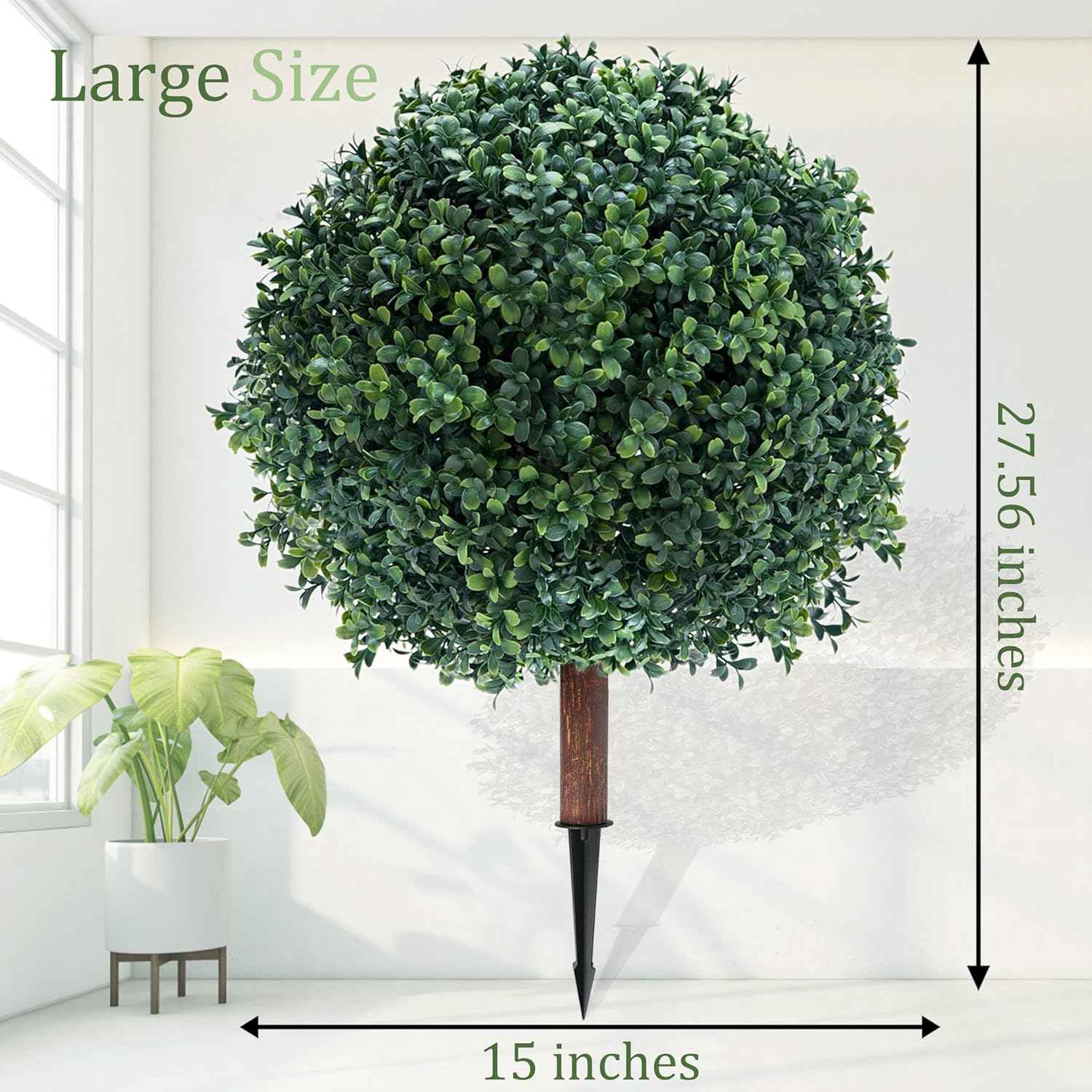 27.5" Artificial Boxwood Topiary Ball Tree with Ground Spike, Set of 2 Artificial Cedar Bushes, UV Resistant Faux Boxwoods Outdoor Plants Artificial for Porch Garden Front Porch Decor