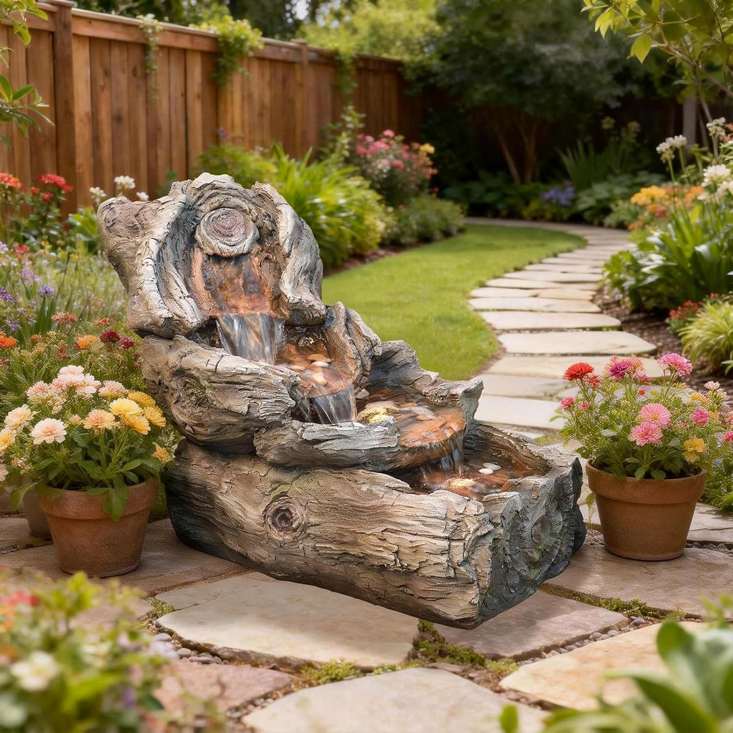 Sunlinua 31.5" L Outdoor Water Fountain with 3 Tiers Cascading Realistic Tree Trunk Waterfall Fountains with LED Lights Outdoor Water Fountain for Garden Patio Backyard Porch Home Decor