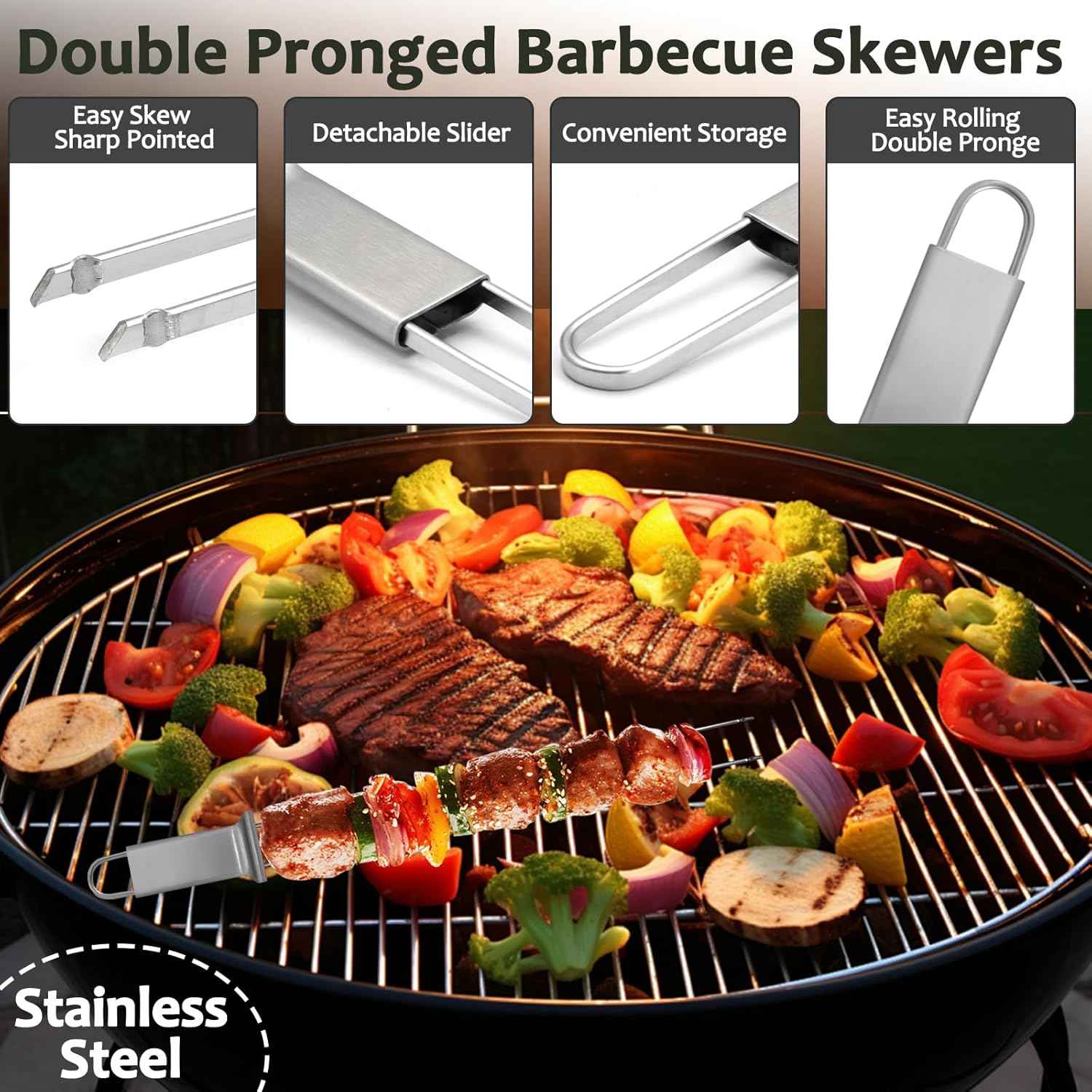 6pcs Stainless Steel Kabob Skewers - 12.6" Double Pronged Reusable BBQ Skewer with Push Bar for Easy Grilling & Quick Release