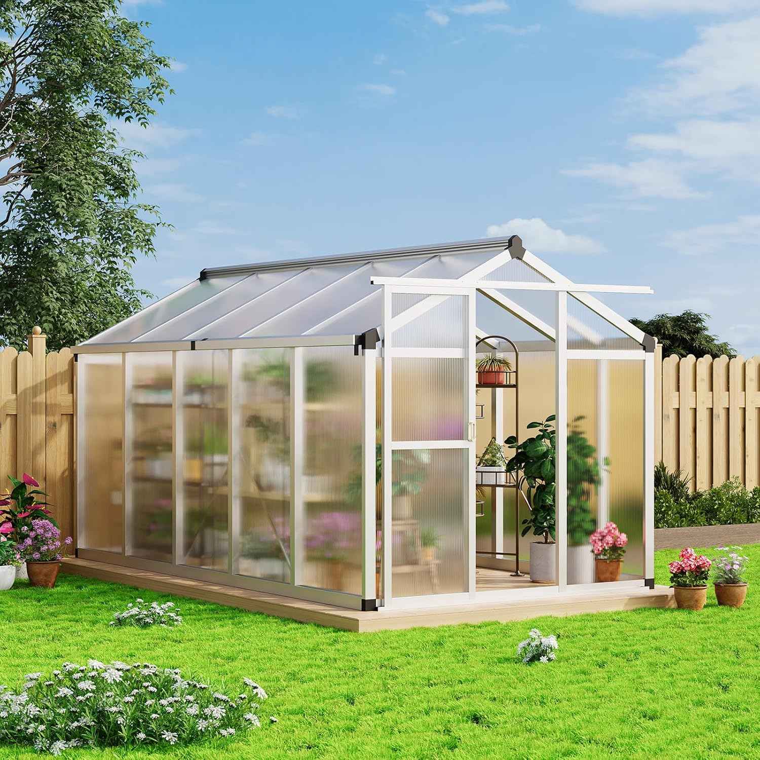 6x10 FT Greenhouse - Large Aluminum Greenhouses for Outdoors, Heavy Duty Polycarbonate Greenhouse with Roof Vent&Ground Nails, Walk-in Green Houses for Garden, Backyard, Patio, Easy Assembly