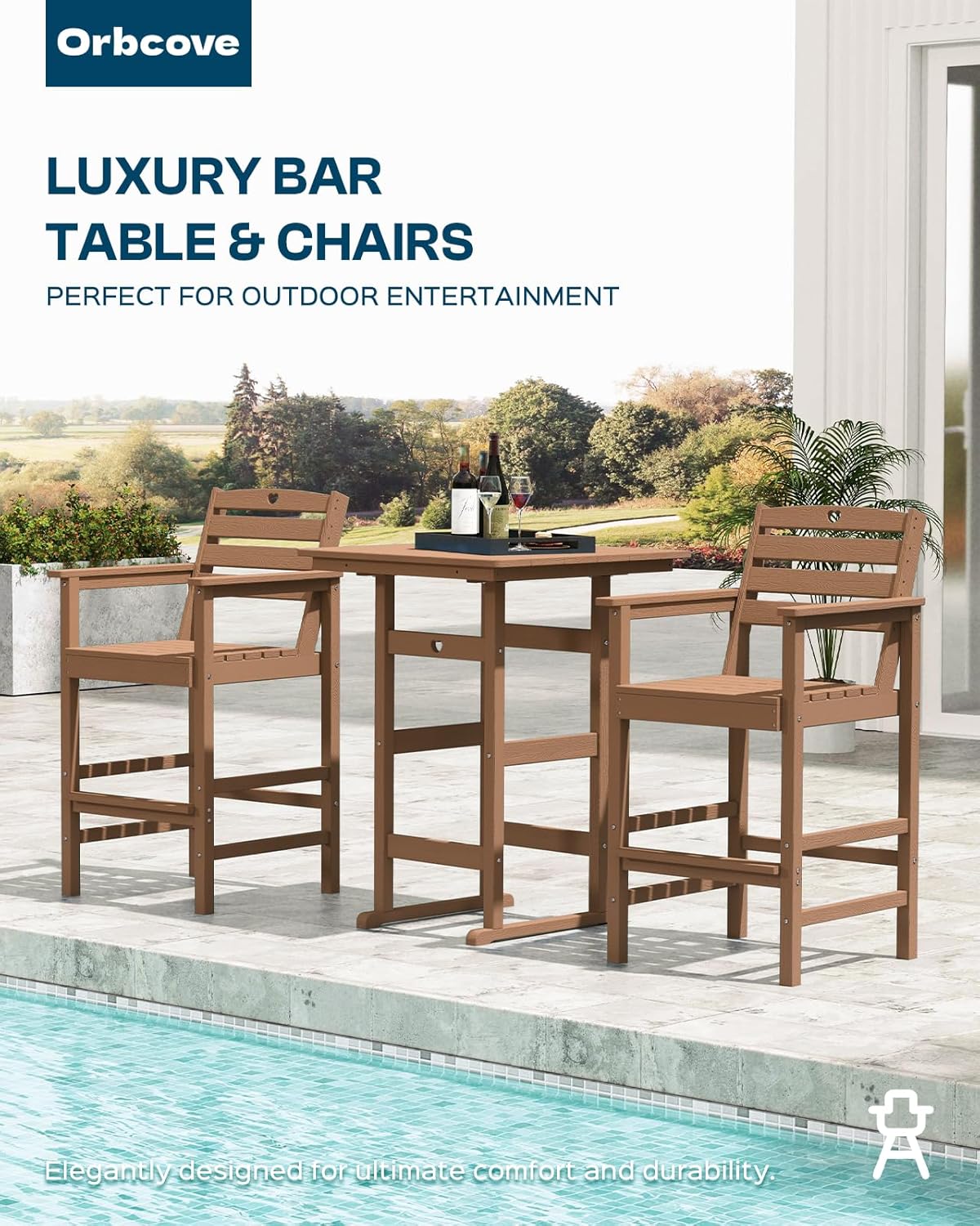 Tall Adirondack Chairs Set of 2, HDPE Wood Balcony Adirondack Chairs Set with Heart Cutout Design, Weather-Resistant Bar Height Furniture for Deck, Porch, Pool (Teak)