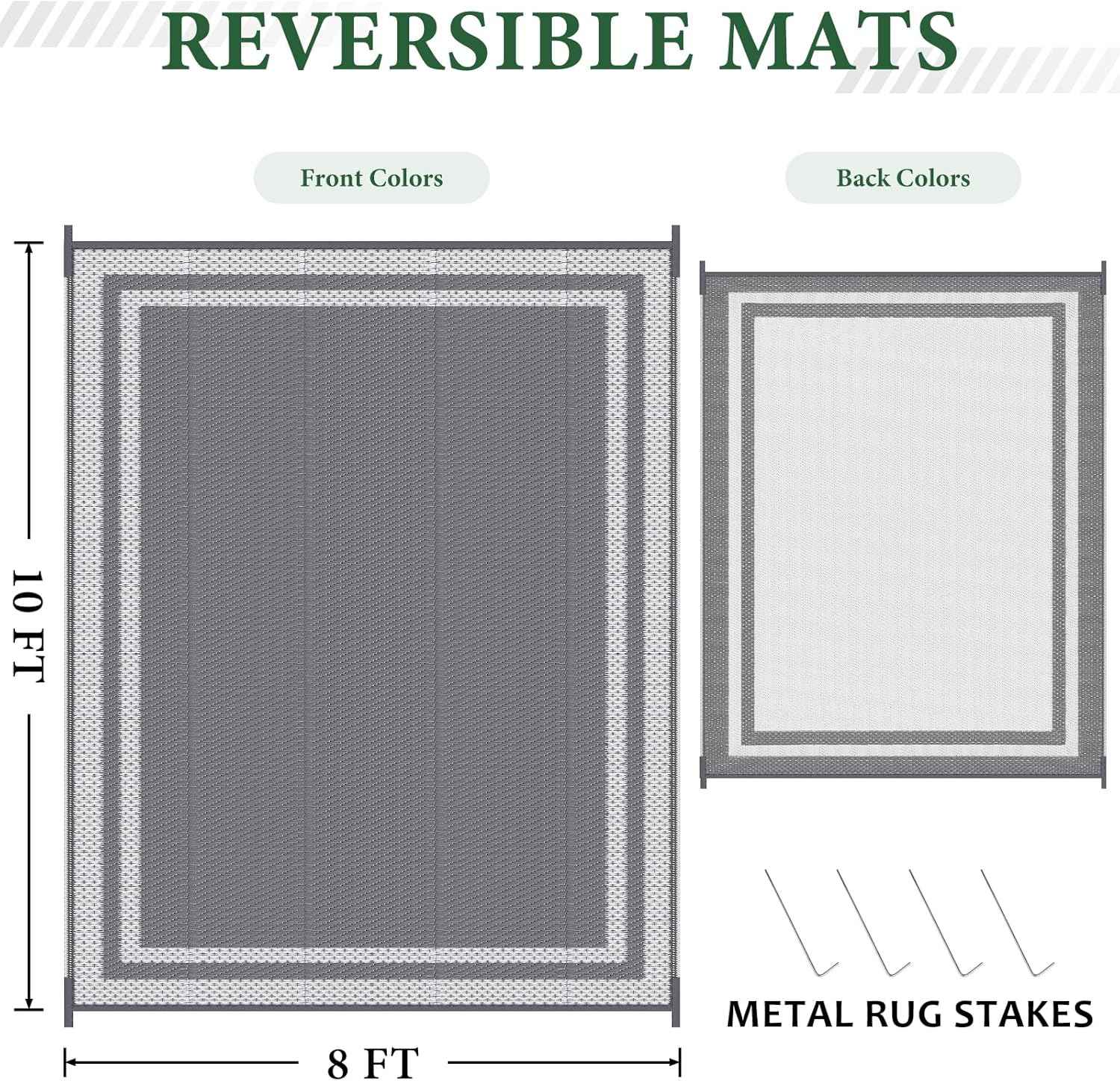HappyTrends Outdoor Rug Reversible Portable Plastic Straw Camping Rugs for Outside RV,Large Waterproof Outdoor Area Rugs for Patio,Deck,Porch,Balcony(8'x 10',White&Gray)