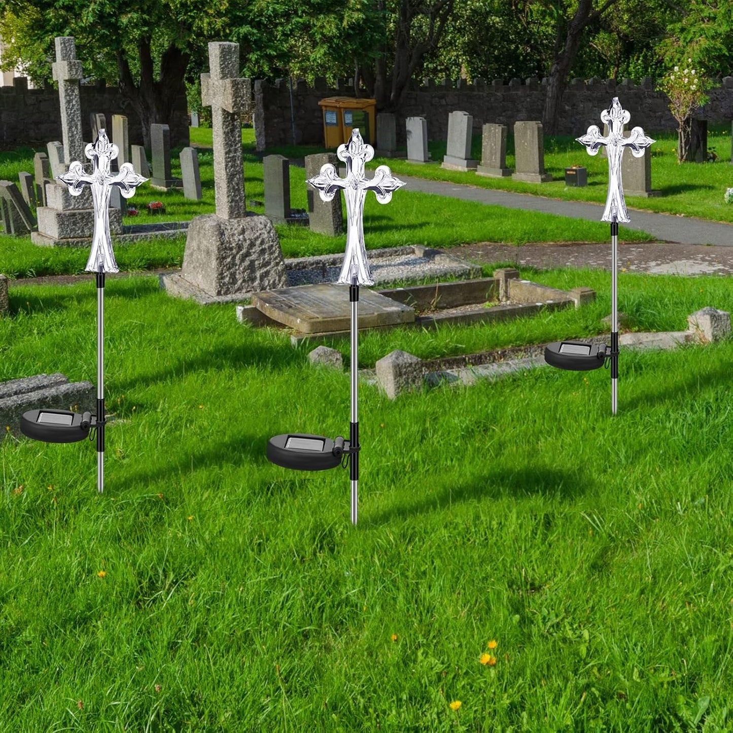 Riakrum 4 Piece Solar Cross for Cemetery Grave Grave Crosses for Cemetery Memorial Stake Solar Lights Waterproof Outdoor Garden Stake Cemetery Cross for Grave Yard Decorations, 16 Inches Long