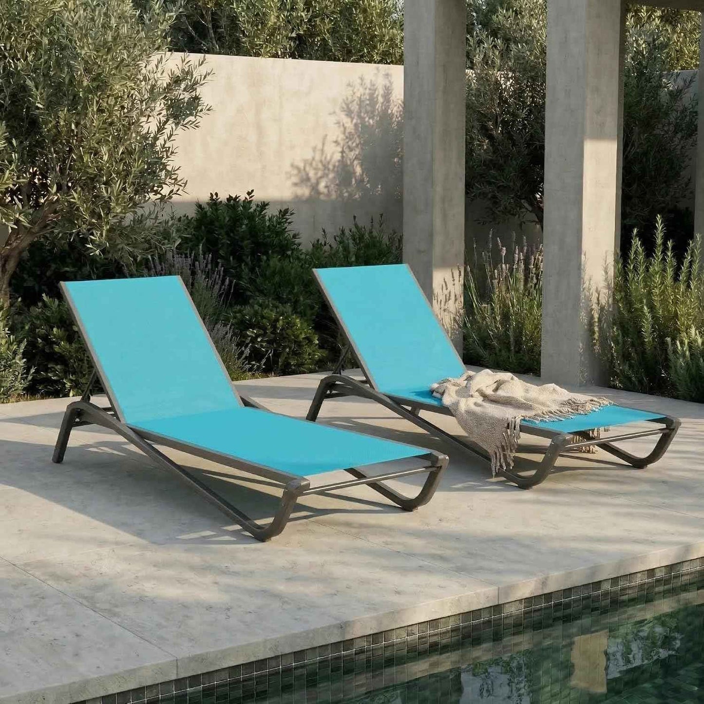 Set of 2 Patio Chaise Lounge Chairs, All-Weather Aluminum Pool Loungers for Outside, 5-Position Adjustable Sunbathing Chair for Deck, Backyard & Poolside, Rust-Proof, Sky Blue