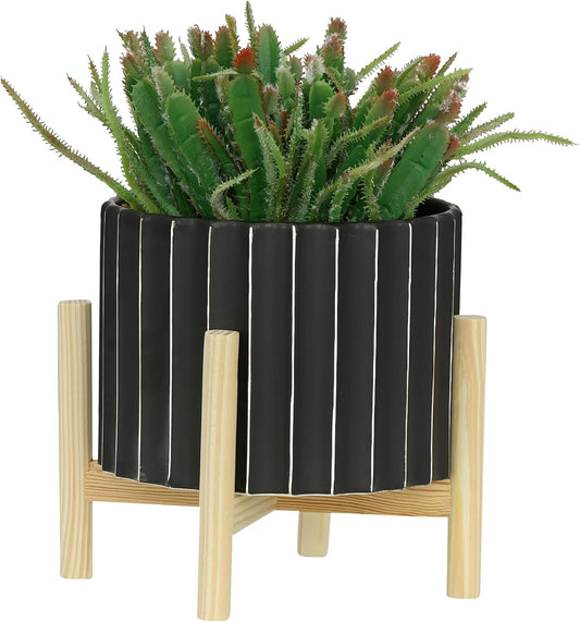 Ceramic Planter with Pine Wood Stand – Plant Pot – Durable Stoneware Planter for Indoor Outdoor Use – Modern Minimalist Plant Holder for Home Decor, Living Room, Garden, Balcony – 9", Black Fluted