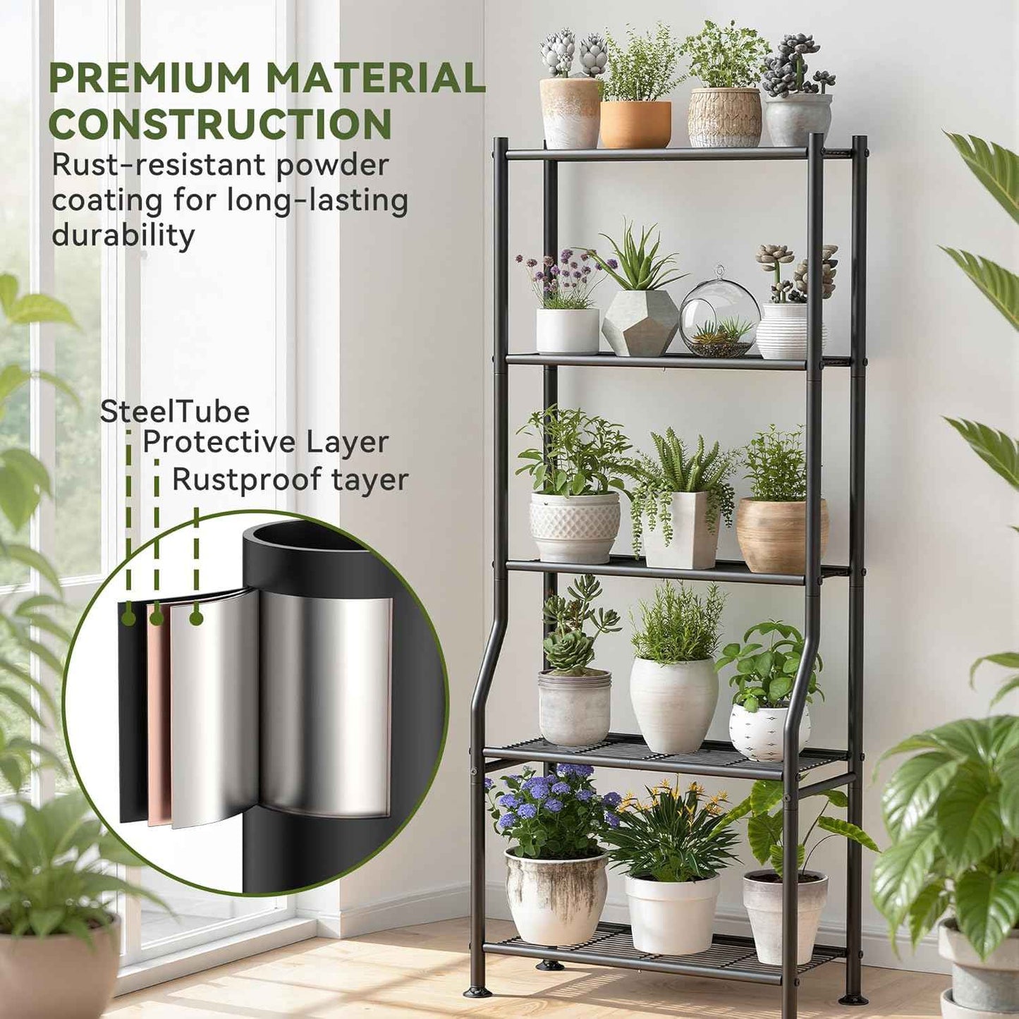 Livilord 5-Tier Plant Stand Indoor Outdoor, 64" Tall Metal Ladder Shelf for Multiple Flower Pot Holder, Waterproof Corner Garden Rack for Balcony Living Room, Black