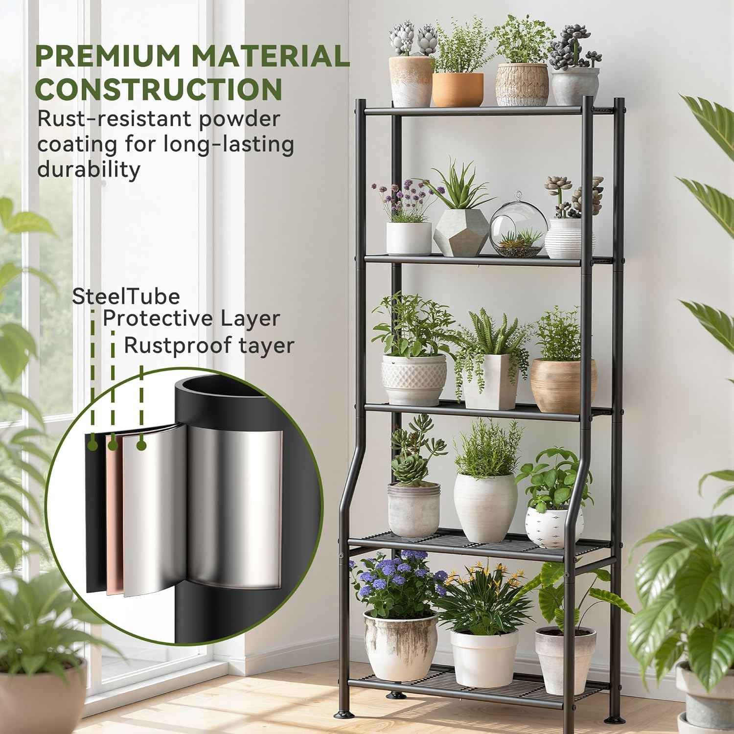 Livilord 5-Tier Plant Stand Indoor Outdoor, 64" Tall Metal Ladder Shelf for Multiple Flower Pot Holder, Waterproof Corner Garden Rack for Balcony Living Room, Black