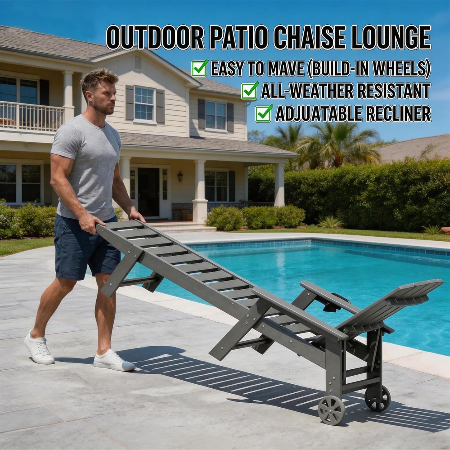 Outdoor Lounge Chair,HDPE 4-Position Adjustable Chaise Lounge Outdoor with Rolling Wheels & Cup Holder,All-Weather Heavy-Duty Pool Lounge Chairs for Poolside,Patio,Grey