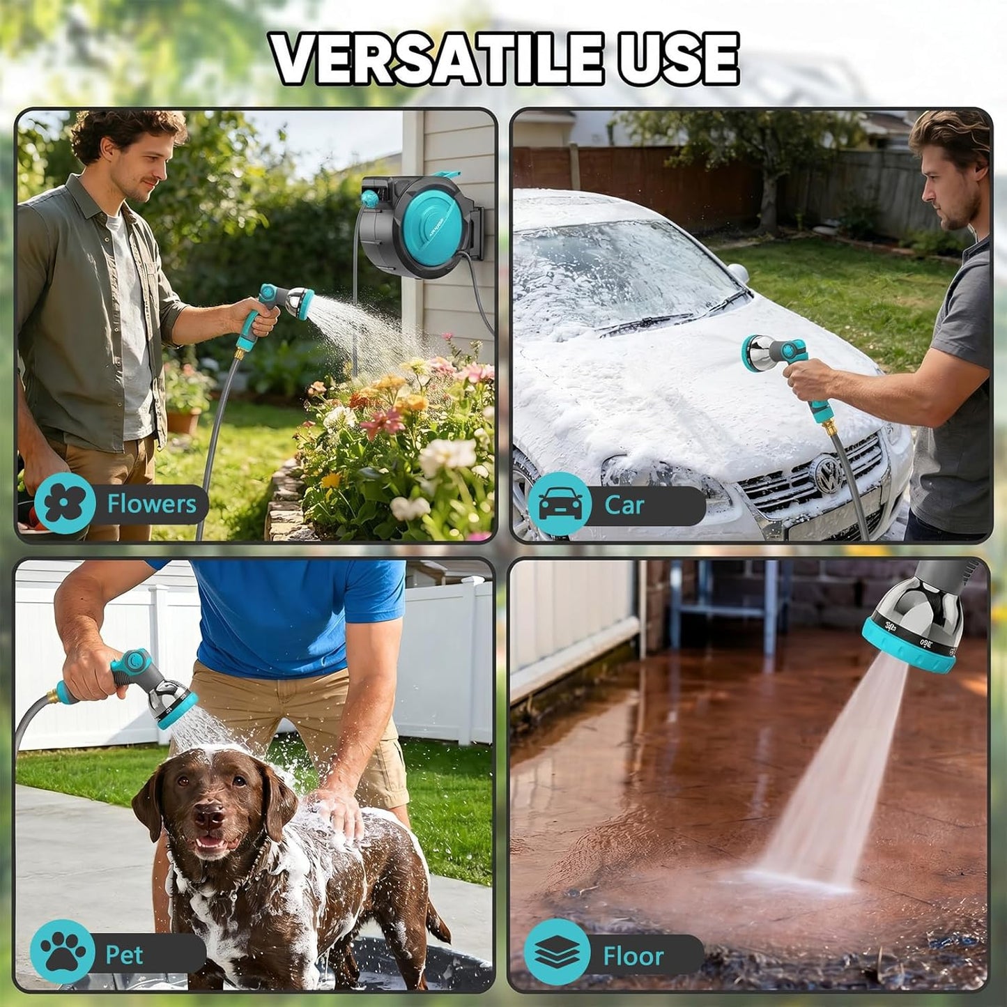 1/2" 160FT Retractable Garden Hose Reel - POXURIO Heavy Duty Automatic Wall Mounted Hose Reel Upgraded UV Resistant, 3/4" Brass Fitting, 10 Pattern Nozzle, 180° Swivel&Any Length Lock Slow Retraction