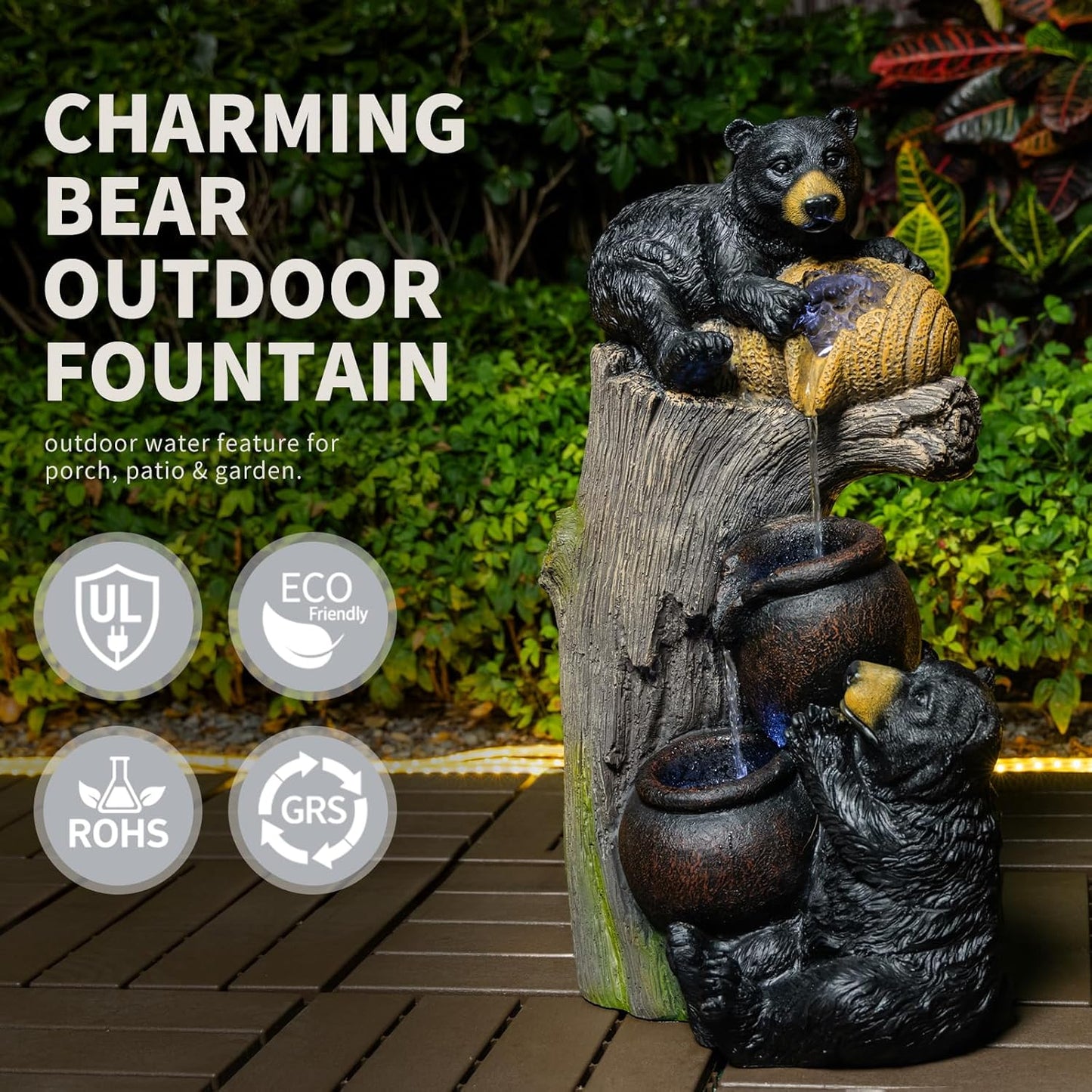 23.62" H Bear Outdoor Garden Water Fountain with LED Lights, 3-Tier Cascading Waterfall Freestanding Decor Water Feature for Patio, Yard, Balcony, Garden Decor, Weather-Resistant Resin, Brown Grey