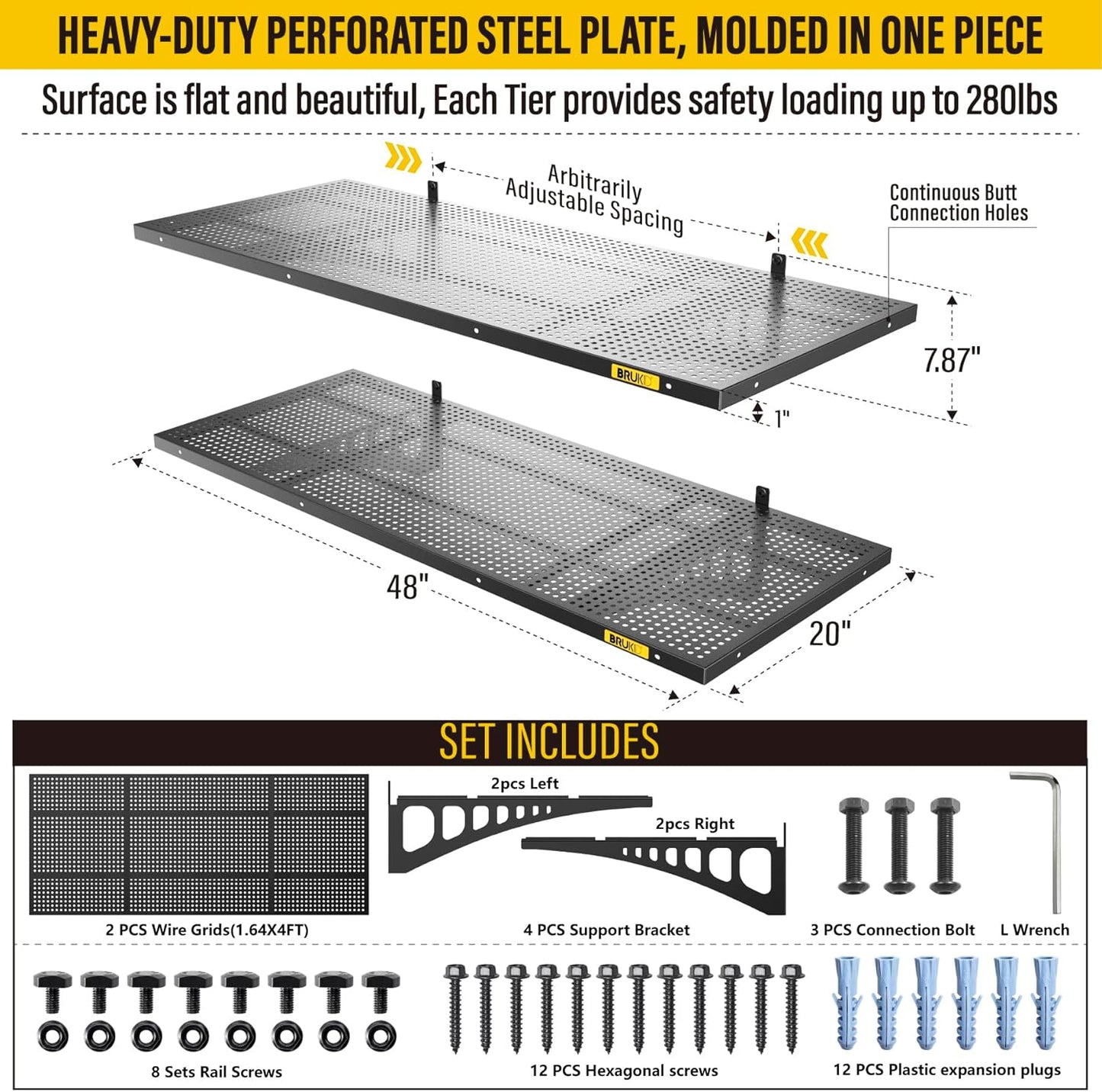 2Pack 1.64x4ft Adjustable Metal Garage Wall Shelving Heavy Duty Garage Storage Shelf Wall Mounted Black