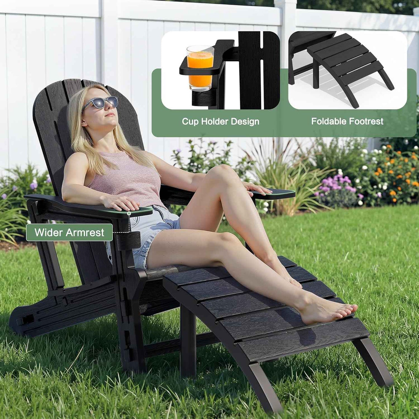 JY QAQA Outdoor Adirondack Chair Set of 2 with Detachable Table & Ottoman, All-Weather HDPE Patio Furniture with Wood Texture & Cup Holder for Patio, Poolside, Garden, Black
