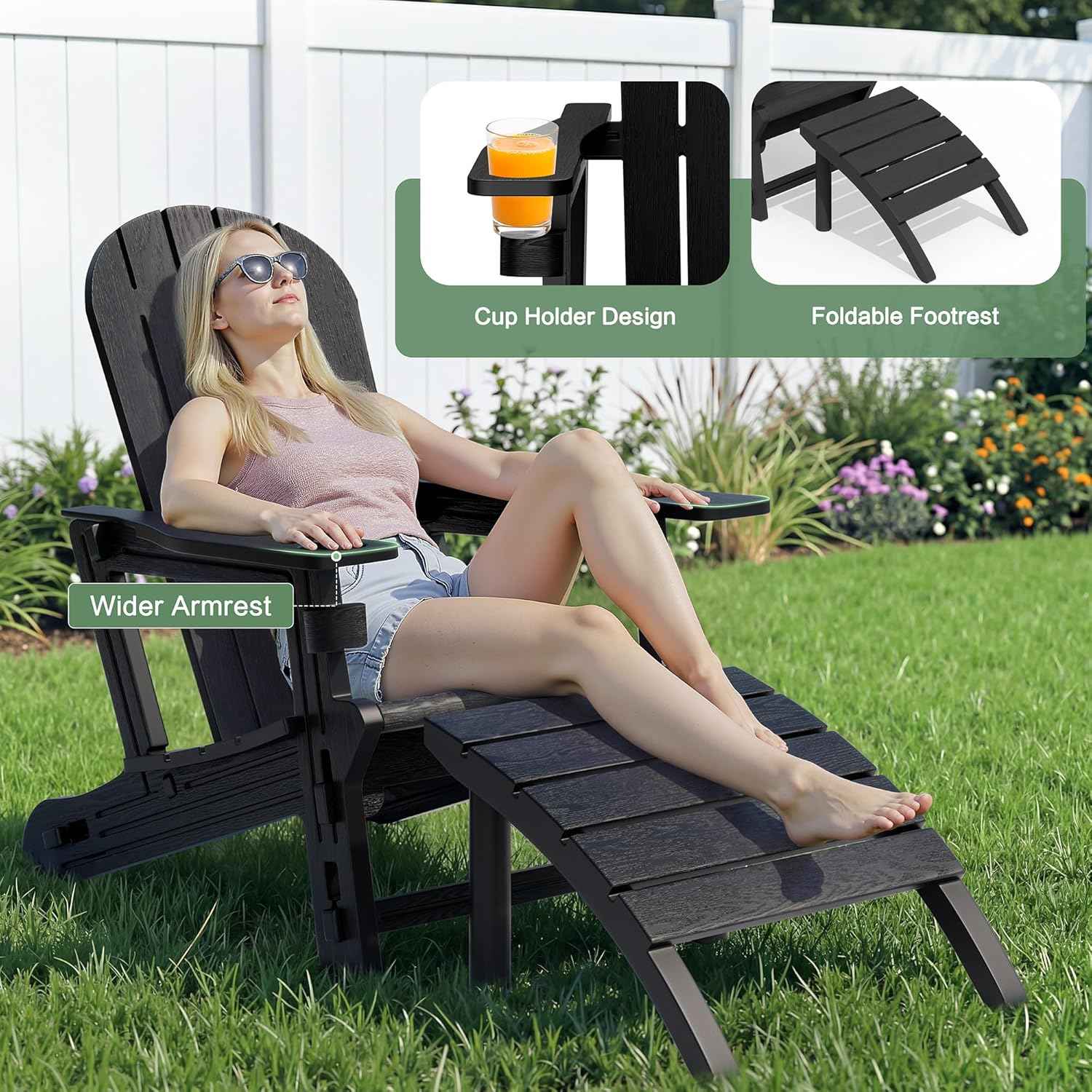 JY QAQA Outdoor Adirondack Chair Set of 2 with Detachable Table & Ottoman, All-Weather HDPE Patio Furniture with Wood Texture & Cup Holder for Patio, Poolside, Garden, Black