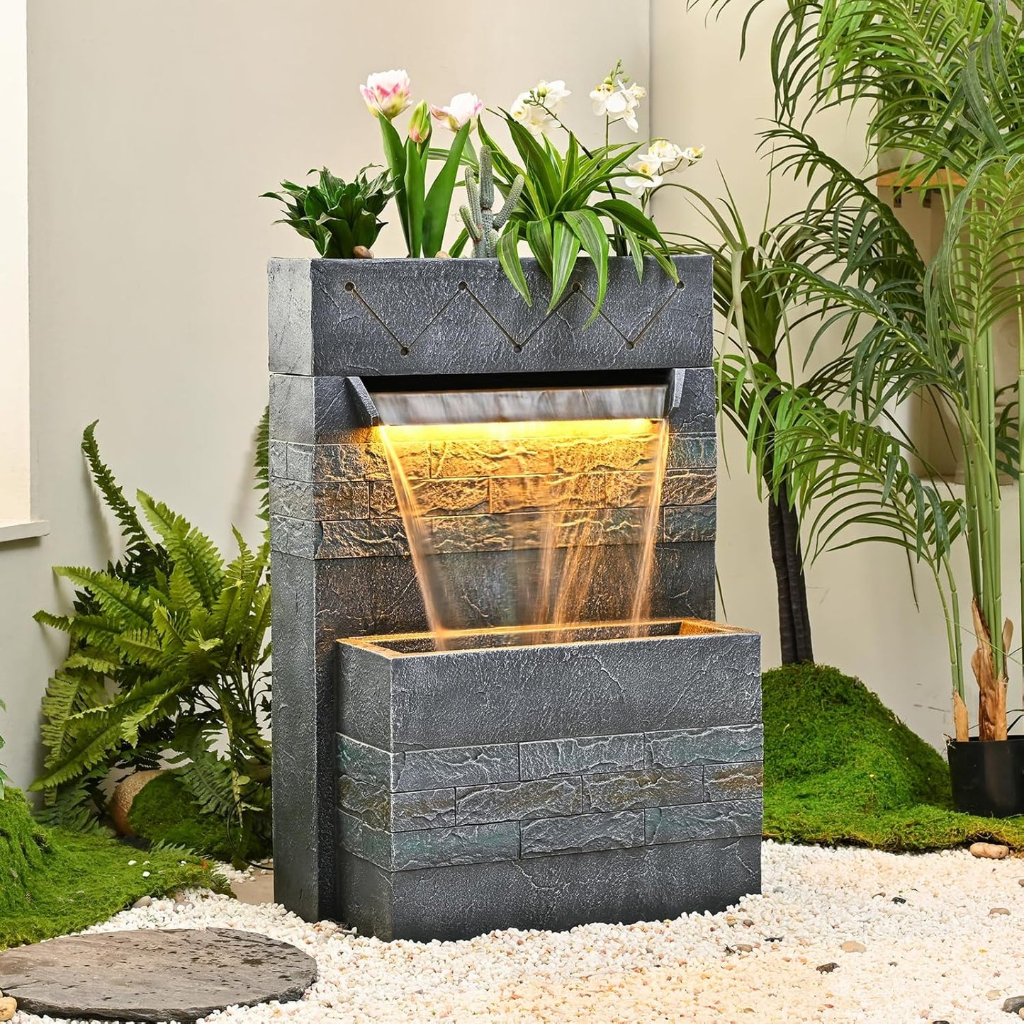 34.65'' Outdoor Garden Cascading Stone Floor-Standing Waterfall Fountain with LED Lights for Patio, Backyard, Deck, Porch and Home Art Decor