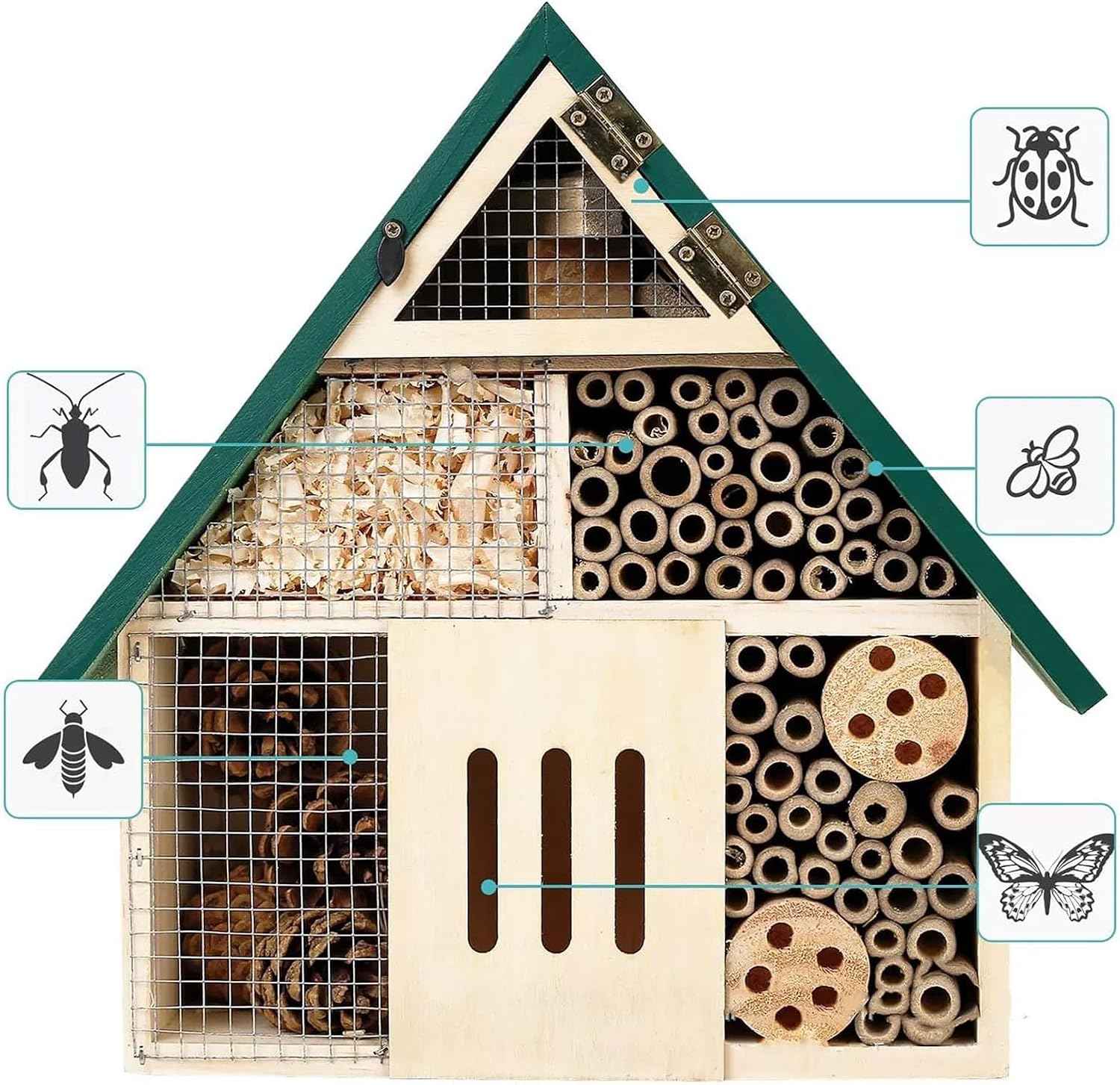 Bee House Hanging Insect Hotel – Natural Wooden Bee Hotel for Outdoors, DIY Insect Shelter for Garden, Yard, or Balcony – Attracts Pollinators Like Bees, Butterflies & Ladybugs