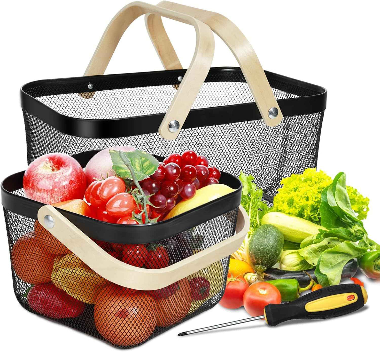 2 Pack Garden Harvest Basket, Metal Mesh Wire Picnic Basket with Handle, Rectangle Garden Baskets for Gathering Vegetables, Fruits, Kitchen, Home Cabinet Closet and Office(Black)