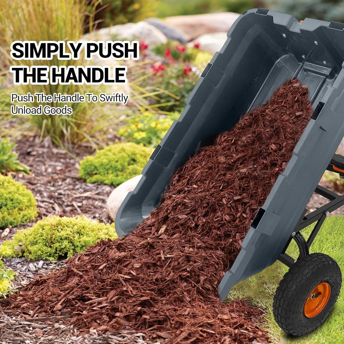 800 lbs Poly Garden Dump Cart, Heavy-Duty Wheelbarrow with 10-Inch Tires, 180° Rotating Handle, Steel Frame, and Quick Release System for Soil, Plants, Gardening Tools, and Firewood (Grey)