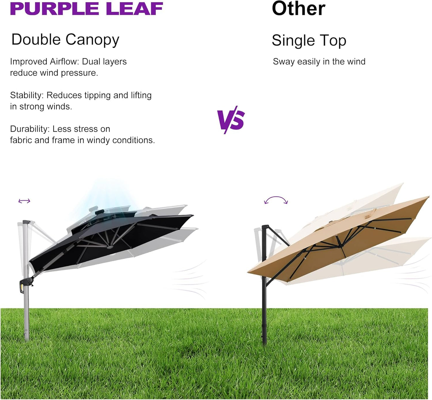 PURPLE LEAF 11ft Solar LED Patio Umbrella - Large Round Cantilever Umbrella with LED Lights, Windproof, Heavy Duty for Garden, Deck, Pool, Patio, Black