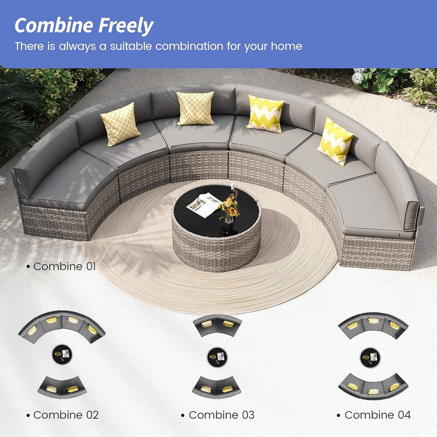 Patio Sectional Furniture, Outdoor 7-Piece Rattan Curved Sofa Set, Curved Patio Furniture with Coffee Table, Fit for Pool Backyard Balcony Porch Lawn (Grey)