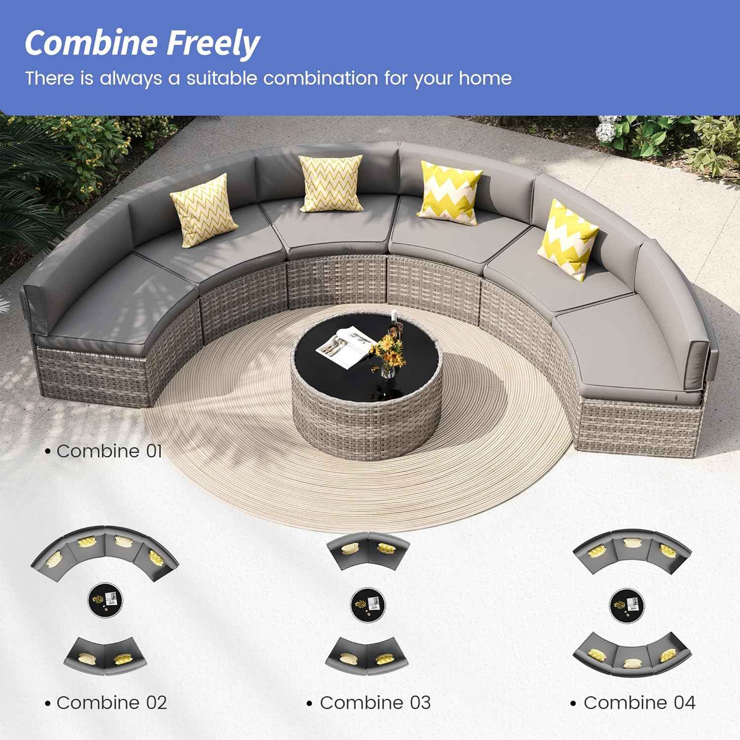 Patio Sectional Furniture, Outdoor 7-Piece Rattan Curved Sofa Set, Curved Patio Furniture with Coffee Table, Fit for Pool Backyard Balcony Porch Lawn (Grey)