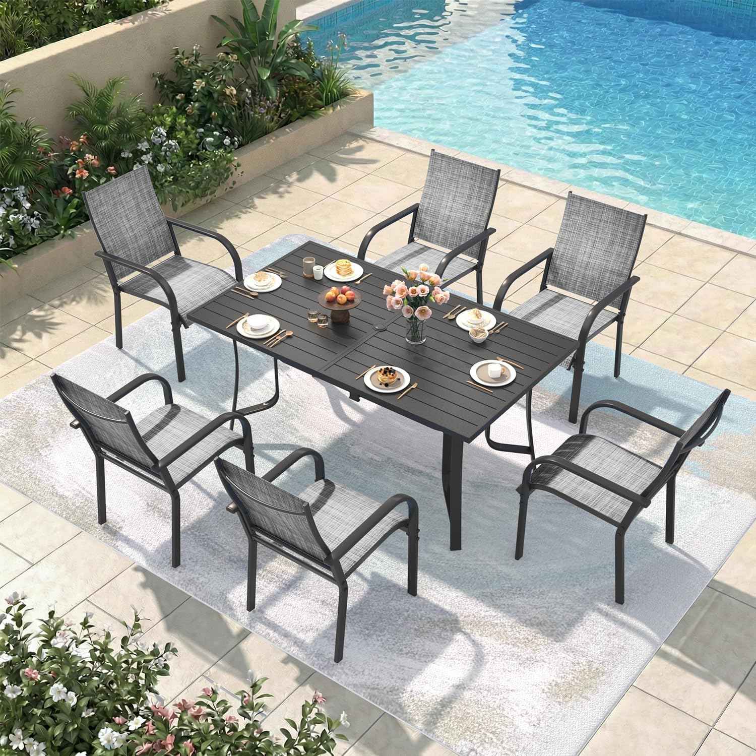 7 Pieces Patio Table and Chairs Set, 63" Metal Dining Table with Umbrella Hole & 6 Textilene Fixed Chairs, Dining Table Set for 6, Outdoor Furniture for Porch Deck Backyard Balcony, Grey