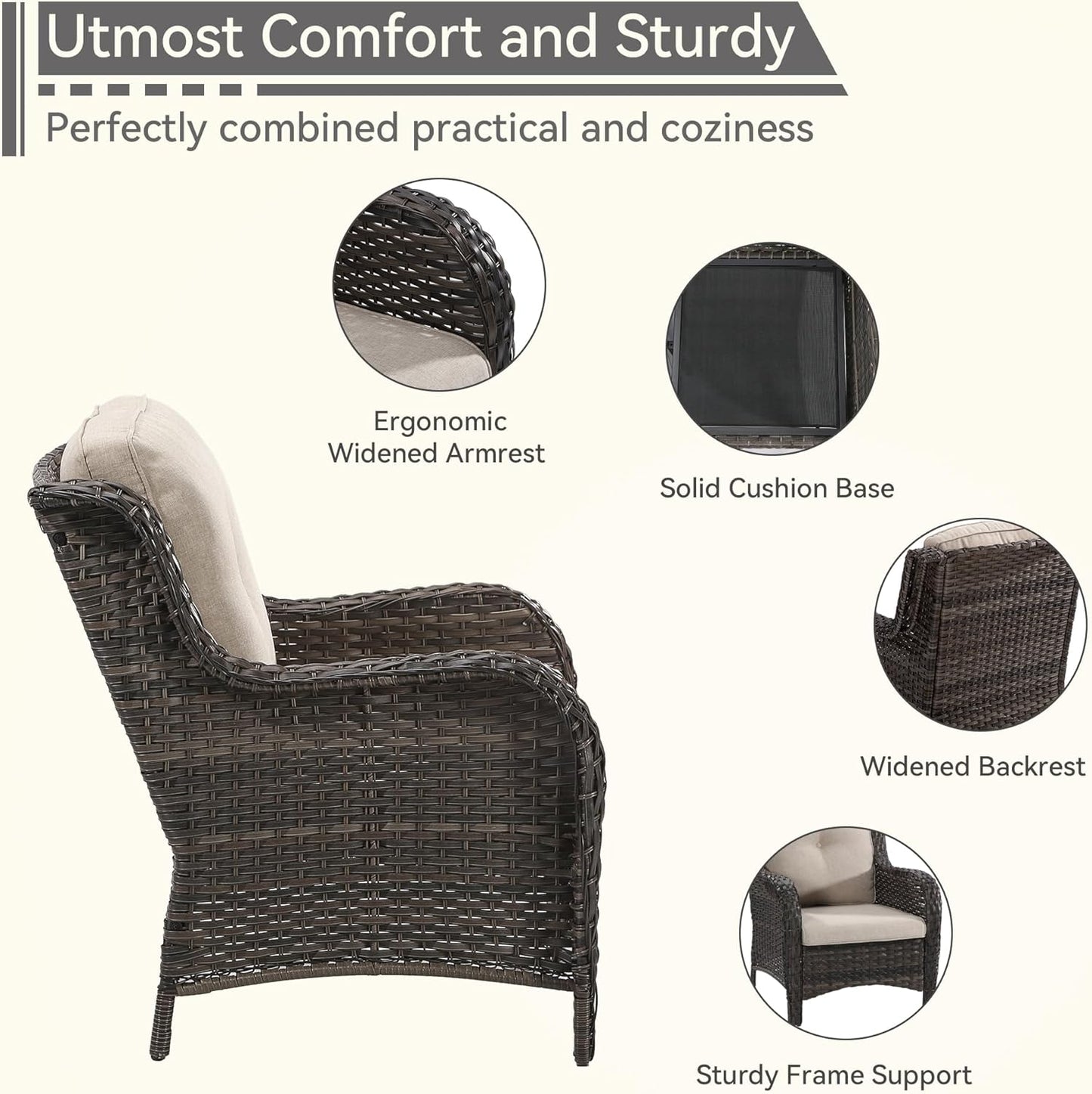 Patio Wicker Chairs Set of 2, Patio Rattan Dining Chairs with 3.5-inch Seat Cushions, High Back and Curved Armrest for Garden, Backyard, Balcony and Deck, Beige