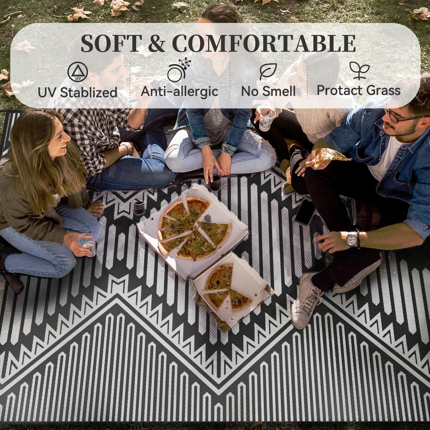 MontVoo Outdoor Rug 9x12 Waterproof Patio Rug-Outdoor Carpet Mat Reversible Plastic Straw Outside Outdoor Rug for RV Camping Picnic Beach Balcony Backyard Pool Deck Porch Modern Boho Grey