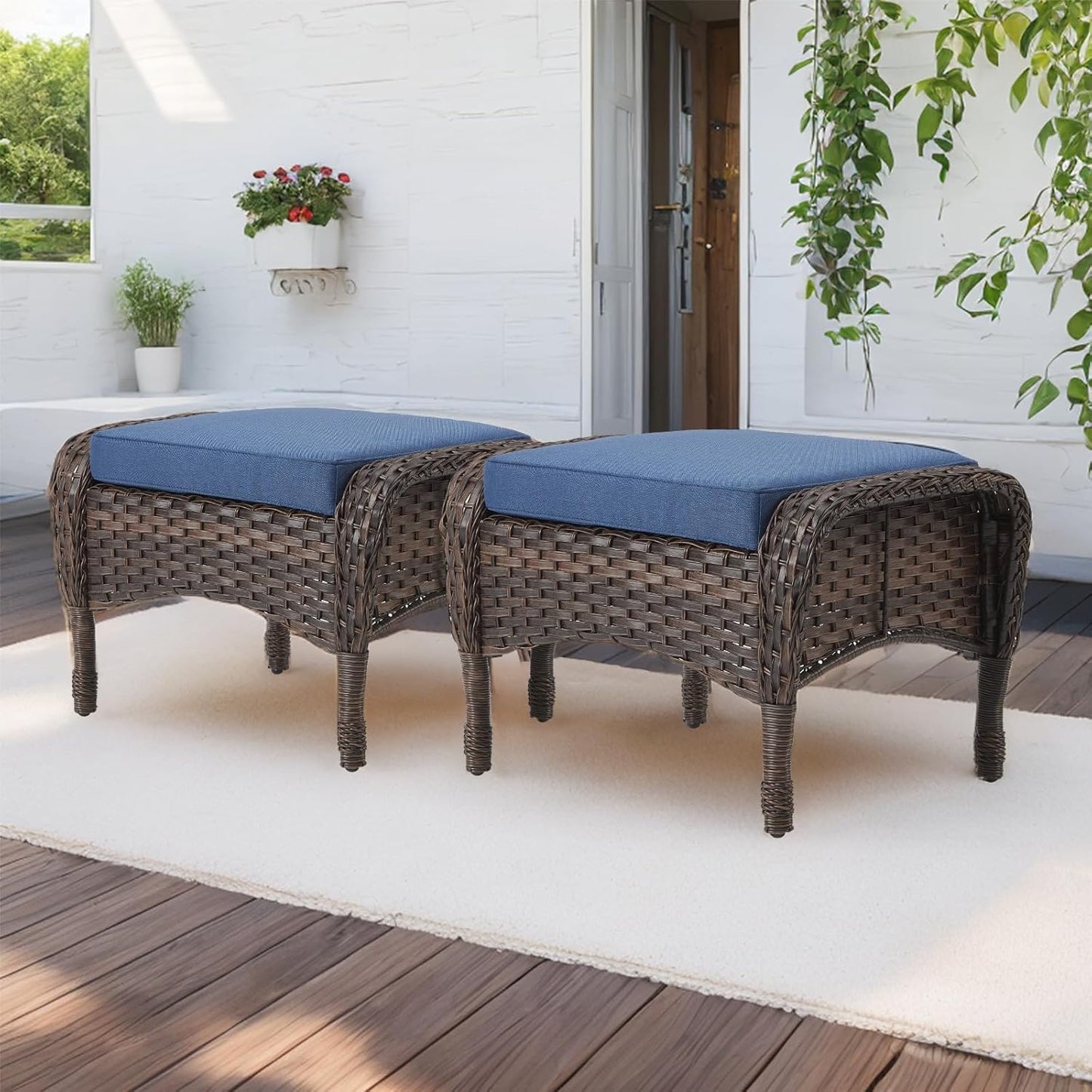 HUMMUH 5 Pieces Wicker Patio Furniture Set,Outdoor Swivel Gliders Rocker,Patio Ottomans,Glass Top Side Table,Outdoor Conversation Set for Porch Deck Backyard Poolside