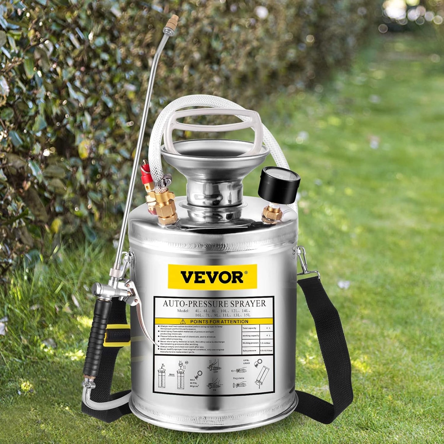 Happybuy 1 Gallon Stainless Steel Pump Sprayer, 12" Wand & 3FT Reinforced Hose, Pressure Gauge, Safety Valve & Adjustable Nozzle, Garden Weed Sprayer for Lawn, Gardening, Sanitizing